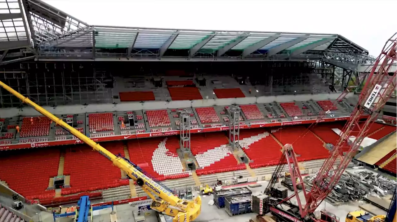 Newly Released Liverpool Footage Shows Cranes Lifting Anfield Road End Roof