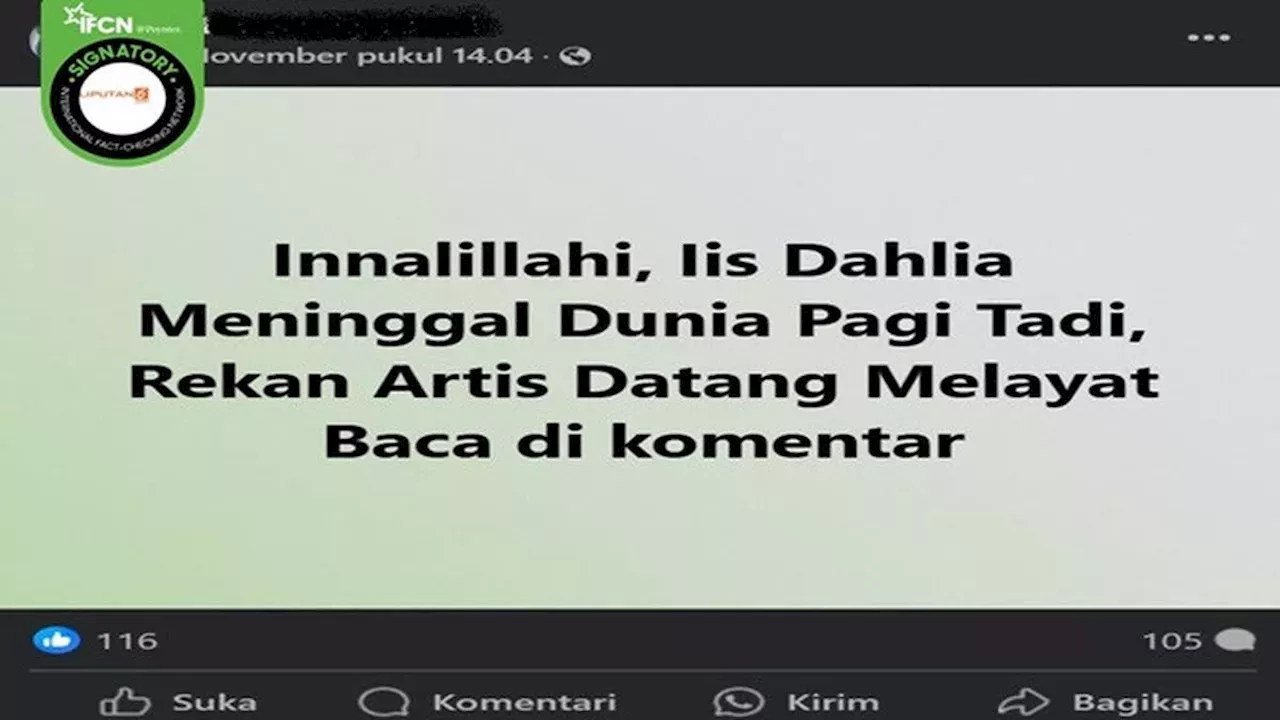 Cek Fakta Hoaks Penyanyi Dangdut Iis Dahlia Meninggal Dunia Pada 8