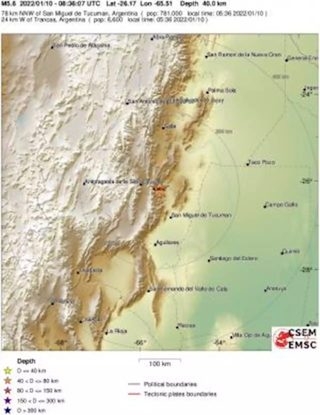 Earthquake, Magnitude 5.6 - TUCUMAN, ARGENTINA - 2022 January 10, 08:36:07 UTC