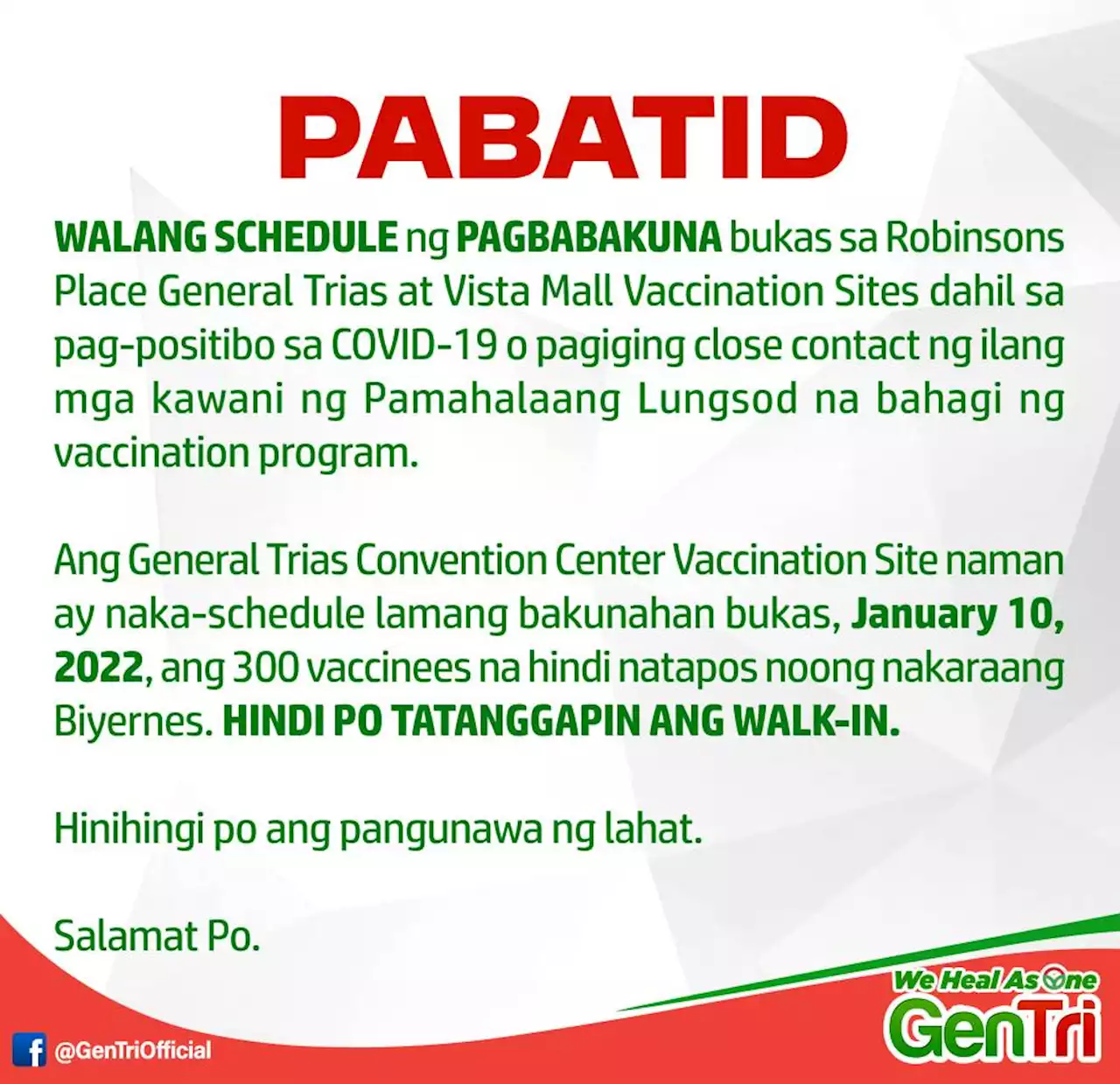 General Trias, Cavite suspends vaccination in 2 sites