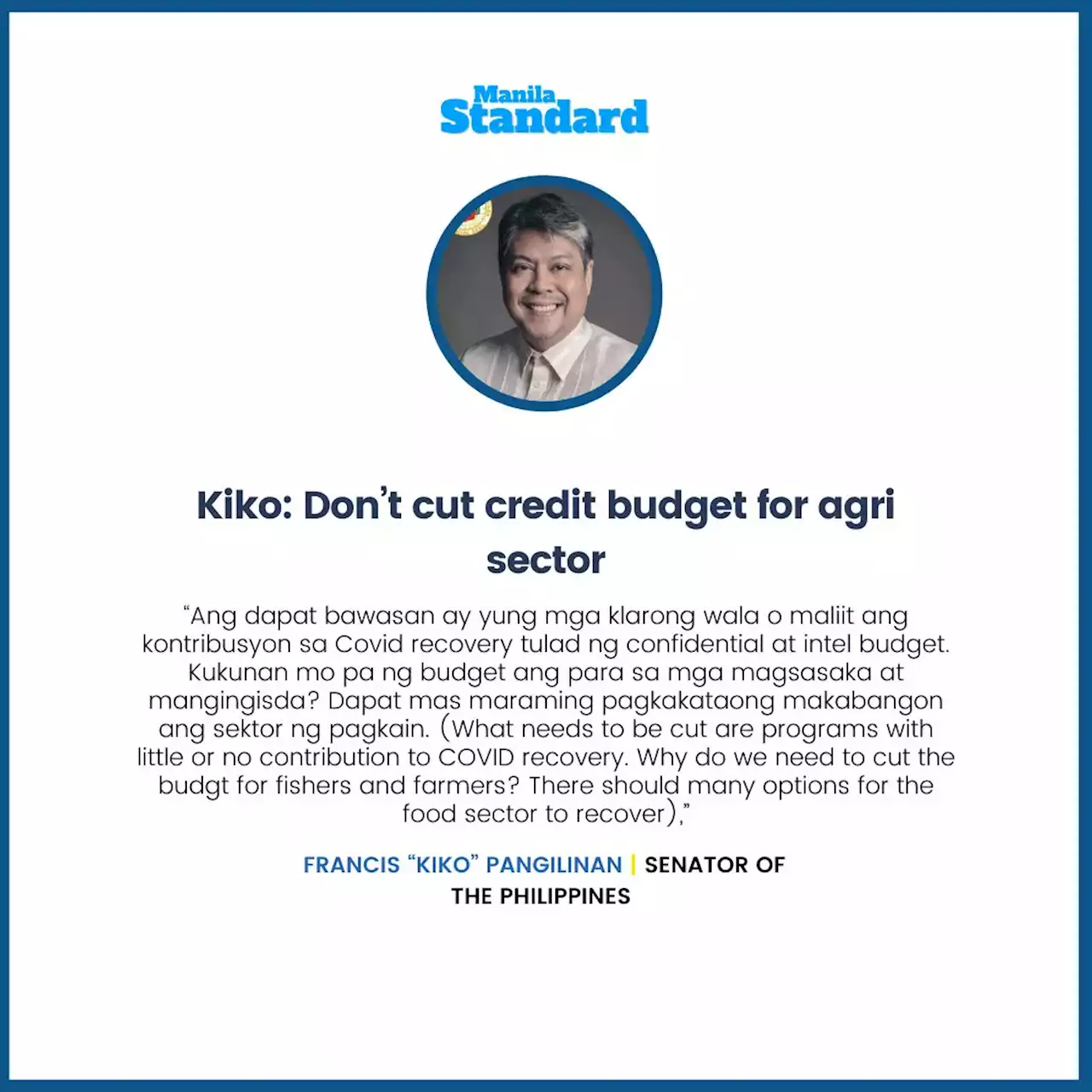 Kiko: Don’t cut credit budget for agri sector