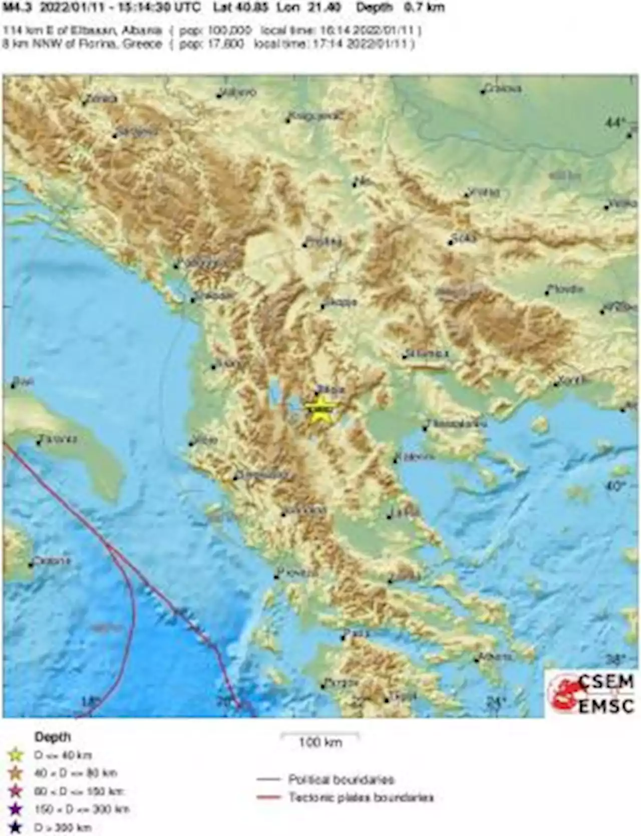 Earthquake, Magnitude 4.5 - GREECE - 2022 January 11, 15:14:30 UTC