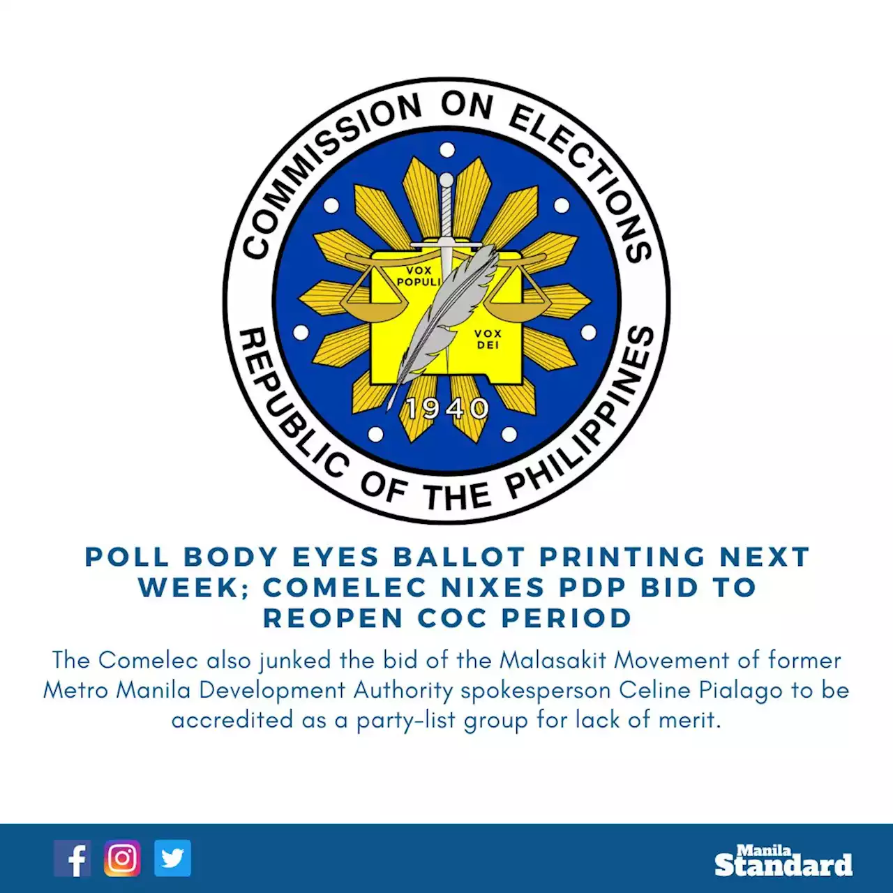 Poll body eyes ballot printing next week; Comelec nixes PDP bid to reopen COC period