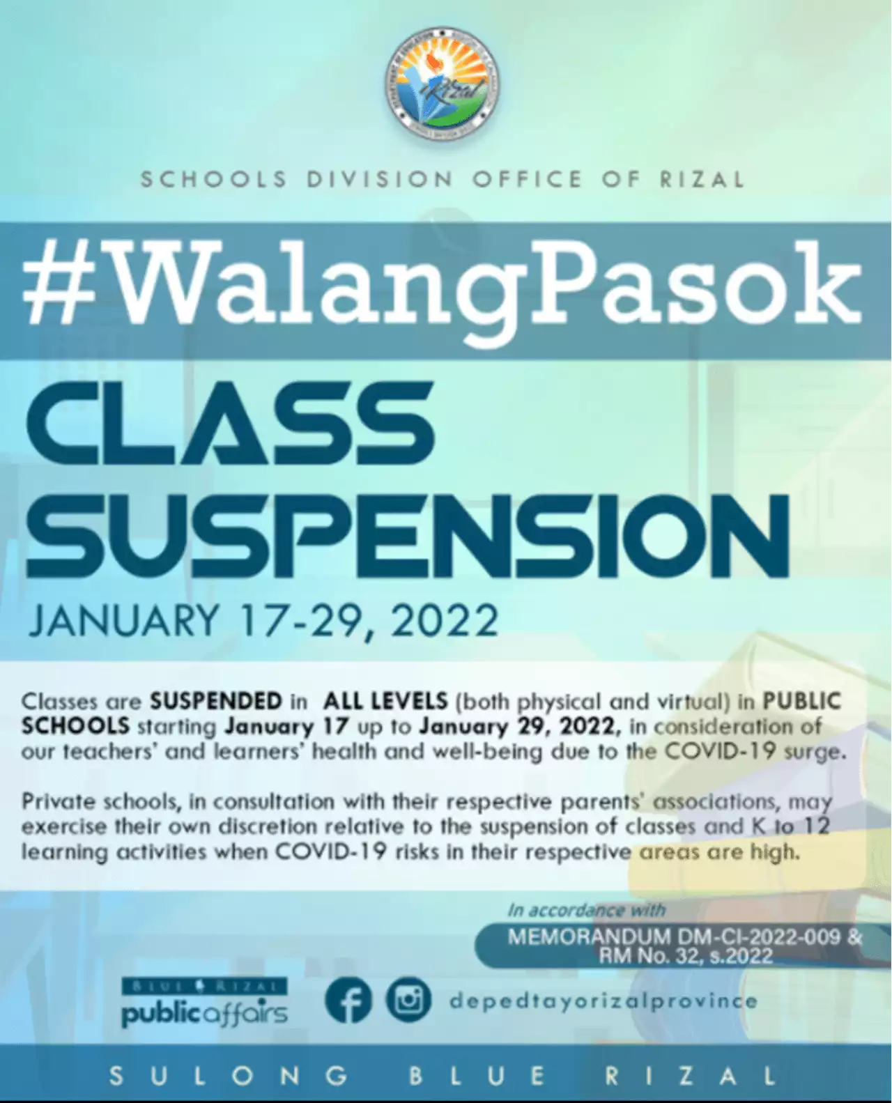 Classes in public schools in Rizal suspended from Jan. 17 to 29