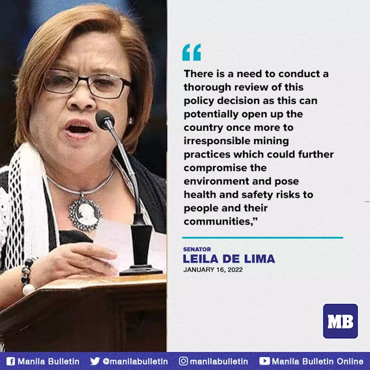 De Lima seeks Senate probe into lifting of ban on open-pit mining