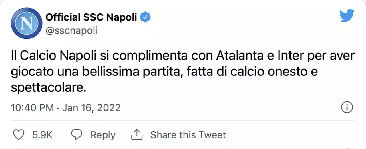 Il Napoli si complimenta con Atalanta e Inter: &quot;Partita bellissima, calcio onesto e spettacolare&quot;