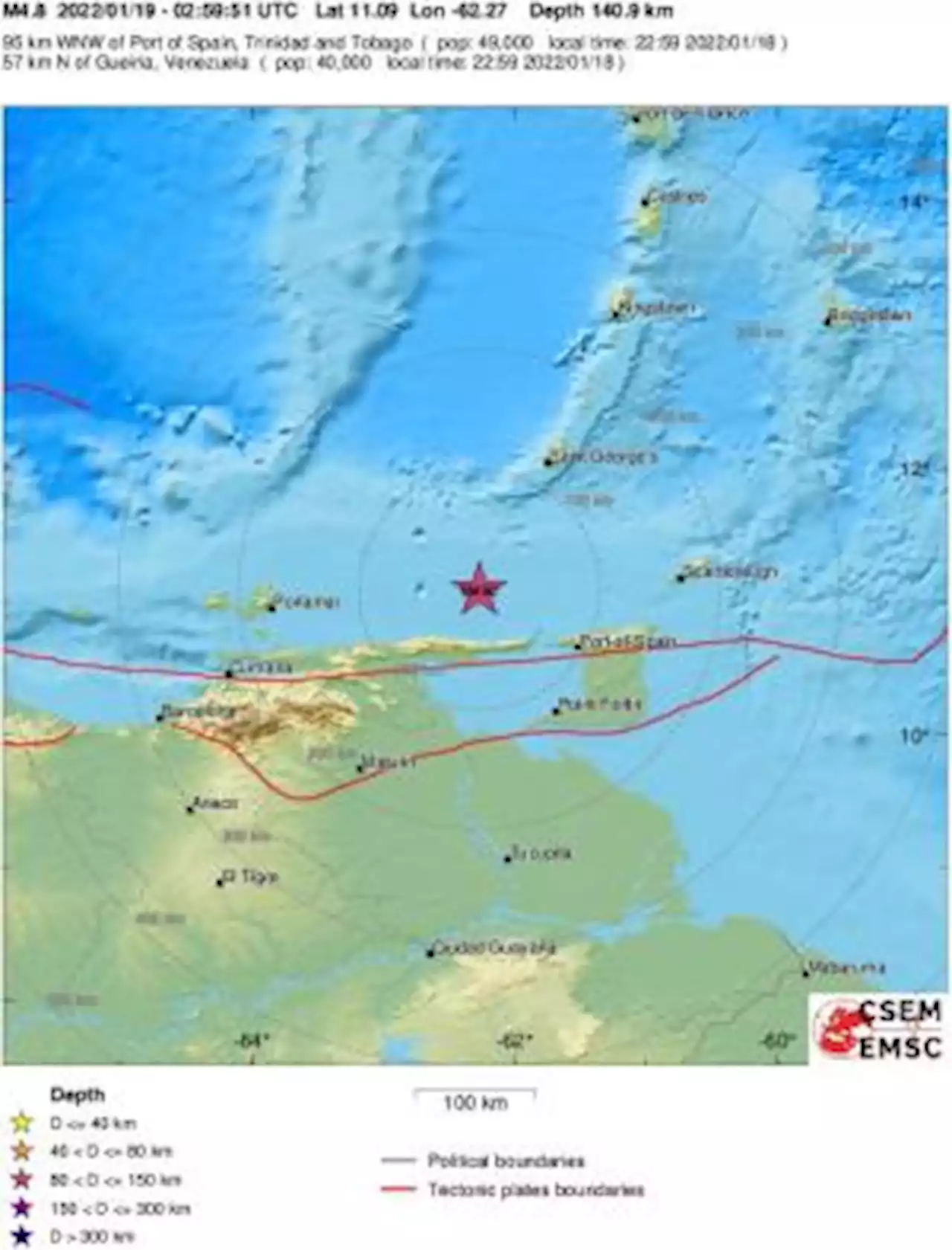 Earthquake, Magnitude 4.8 - OFFSHORE SUCRE, VENEZUELA - 2022 January 19, 02:59:49 UTC