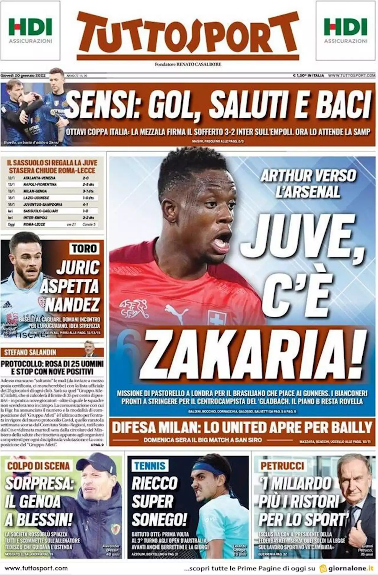 Tuttosport, prima pagina del 20 gennaio 2022