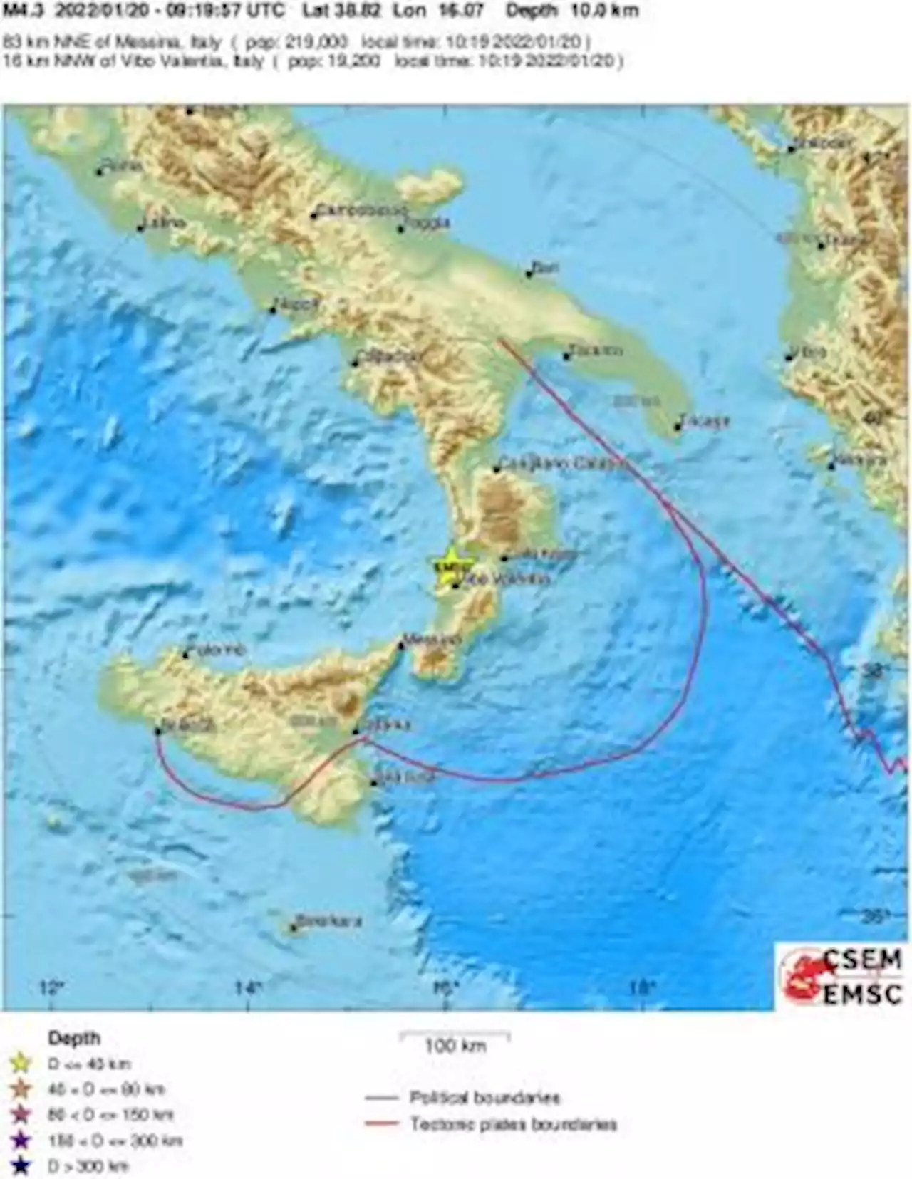 Earthquake, Magnitude 4.3 - SOUTHERN ITALY - 2022 January 20, 09:19:57 UTC