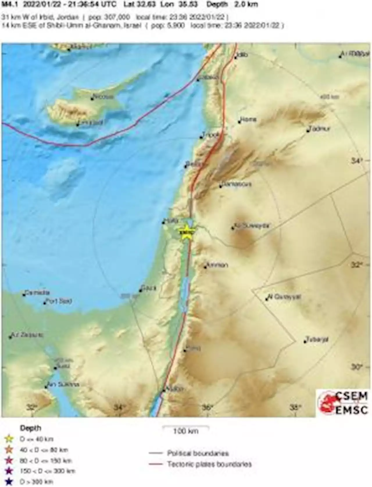 Earthquake, Magnitude 4.1 - DEAD SEA REGION - 2022 January 22, 21:36:54 UTC