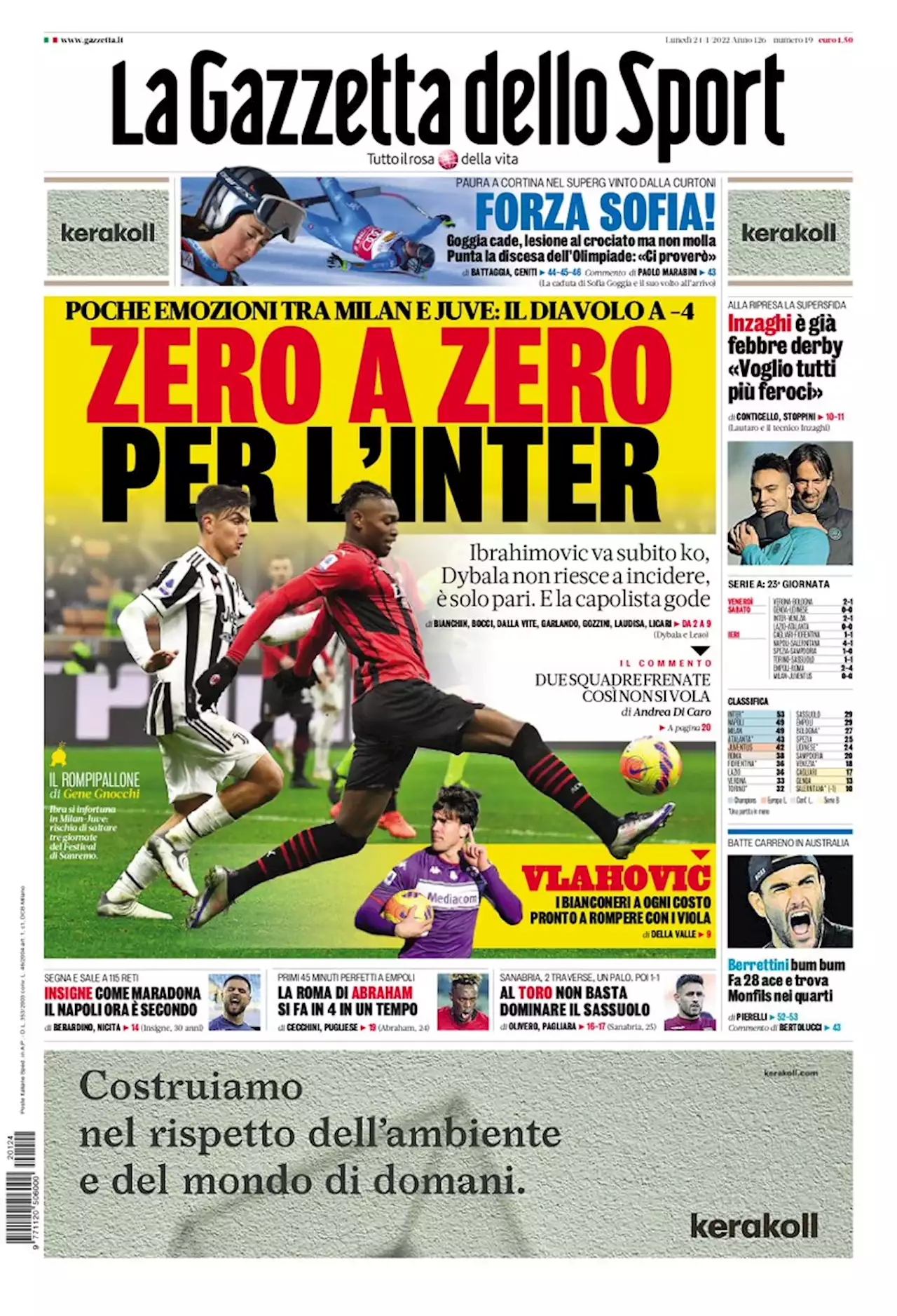 La prima pagina de La Gazzetta dello Sport di oggi