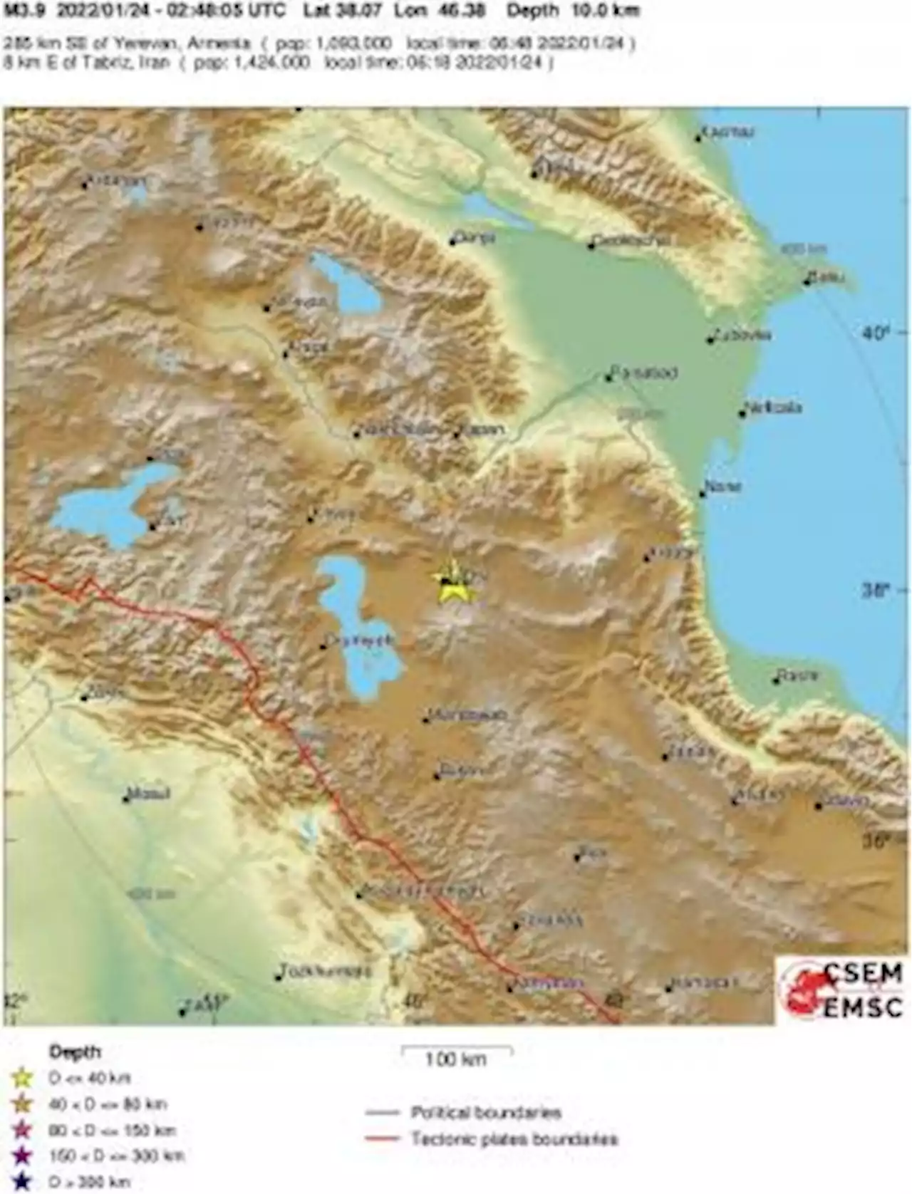 Earthquake, Magnitude 3.9 - NORTHWESTERN IRAN - 2022 January 24, 02:48:05 UTC