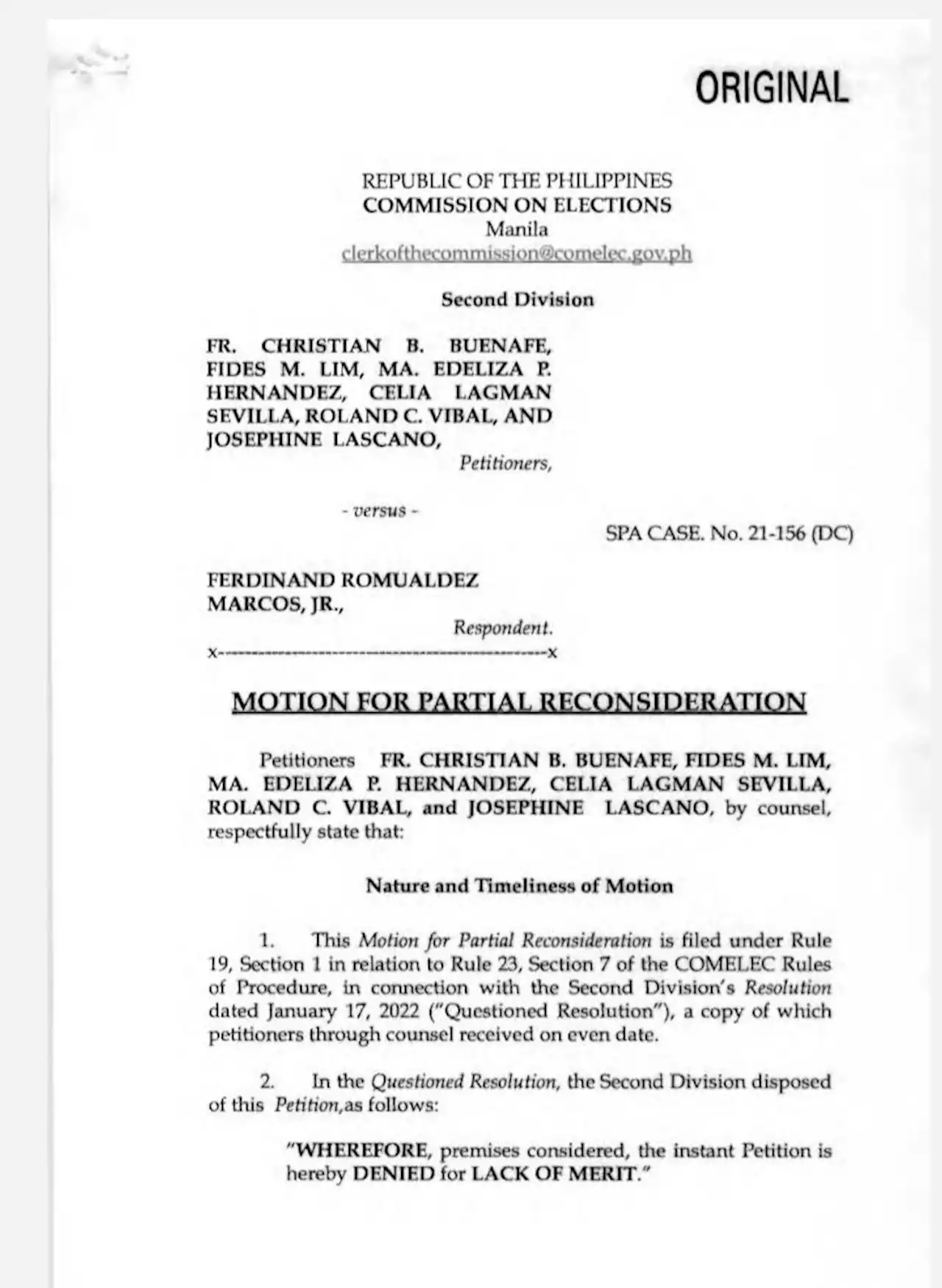 Petitioners seeking BBM COC cancellation appeal Comelec 2nd Division ruling