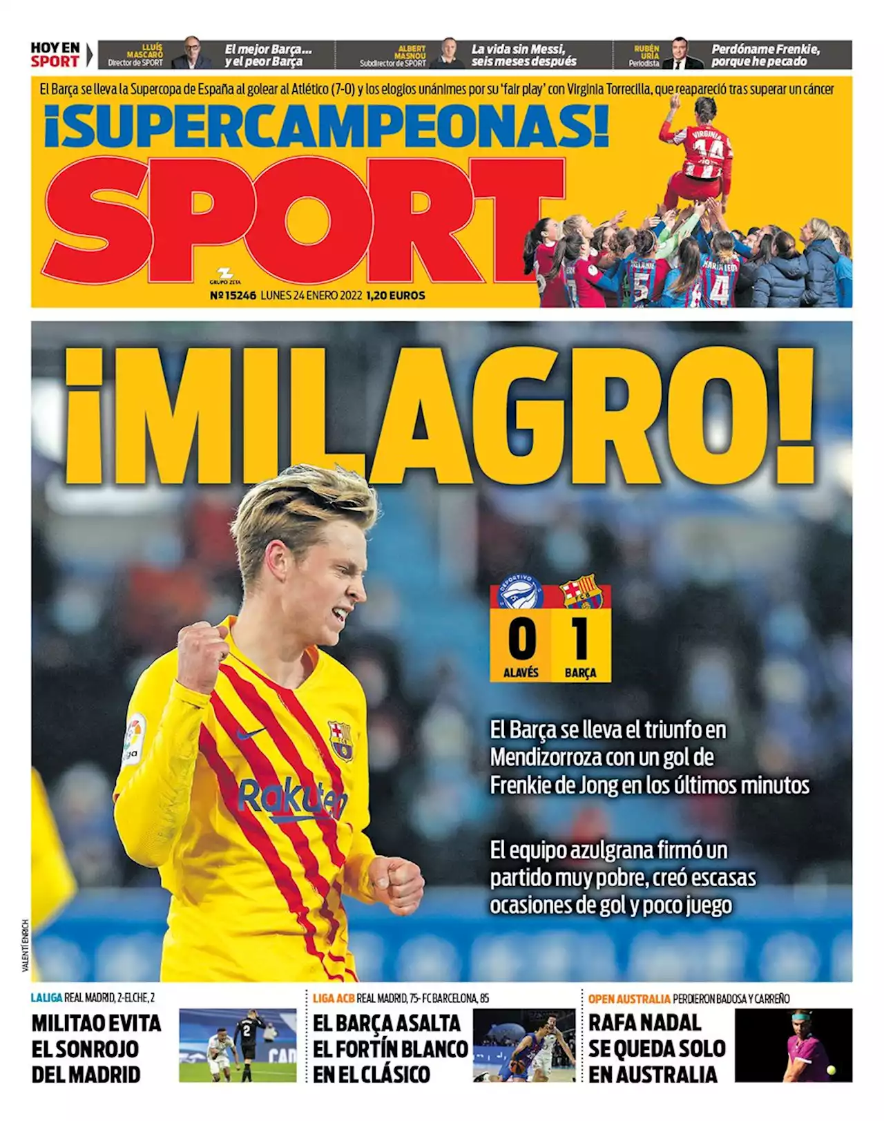 Esta es la portada de SPORT, hoy lunes 24 de enero