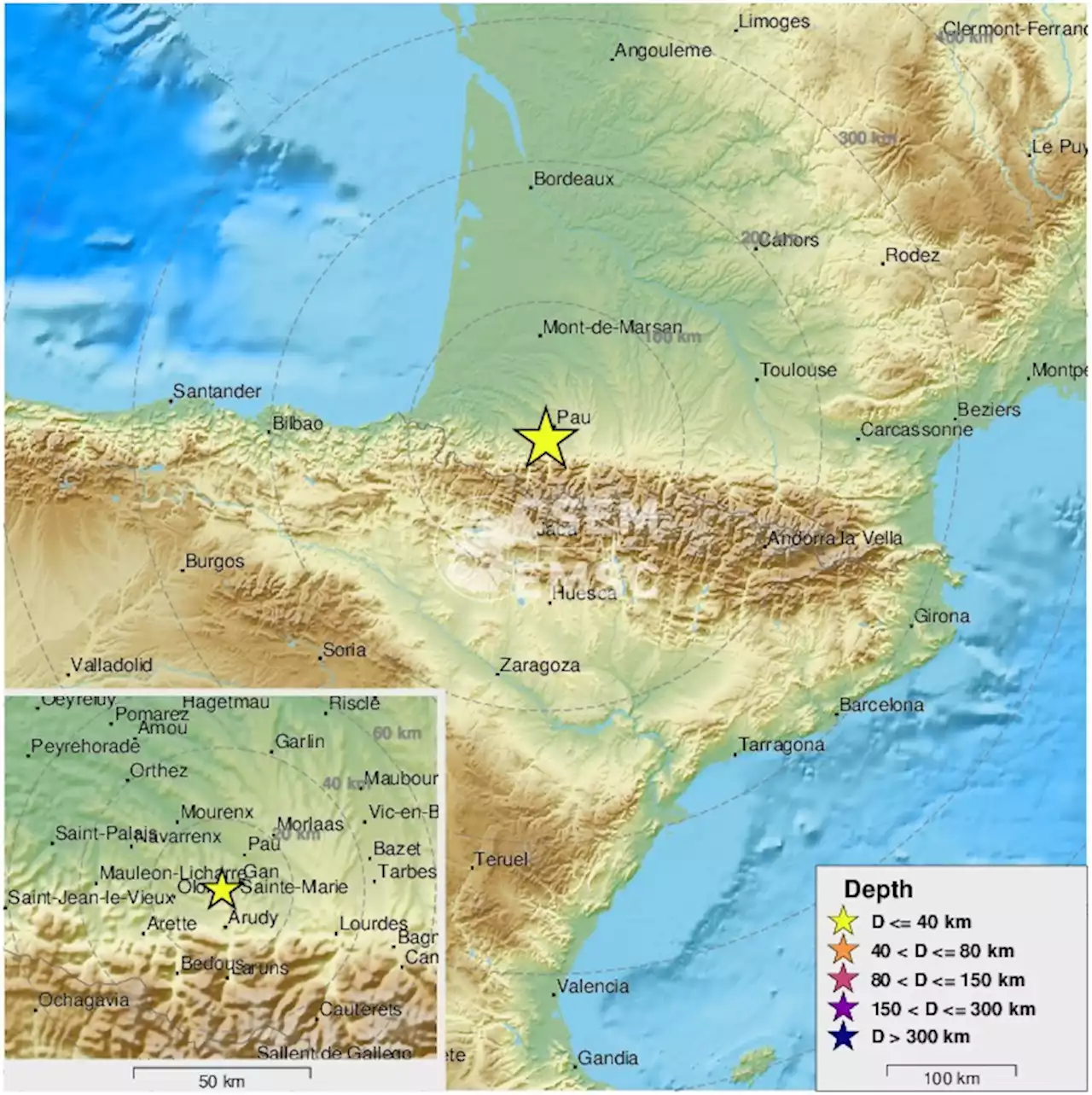 Earthquake, Magnitude 2.8 - PYRENEES - 2022 January 26, 05:27:49 UTC