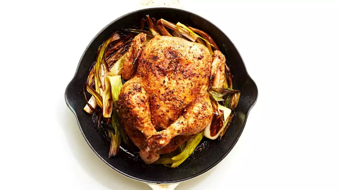 Cast-Iron Roast Chicken with Caramelized Leeks