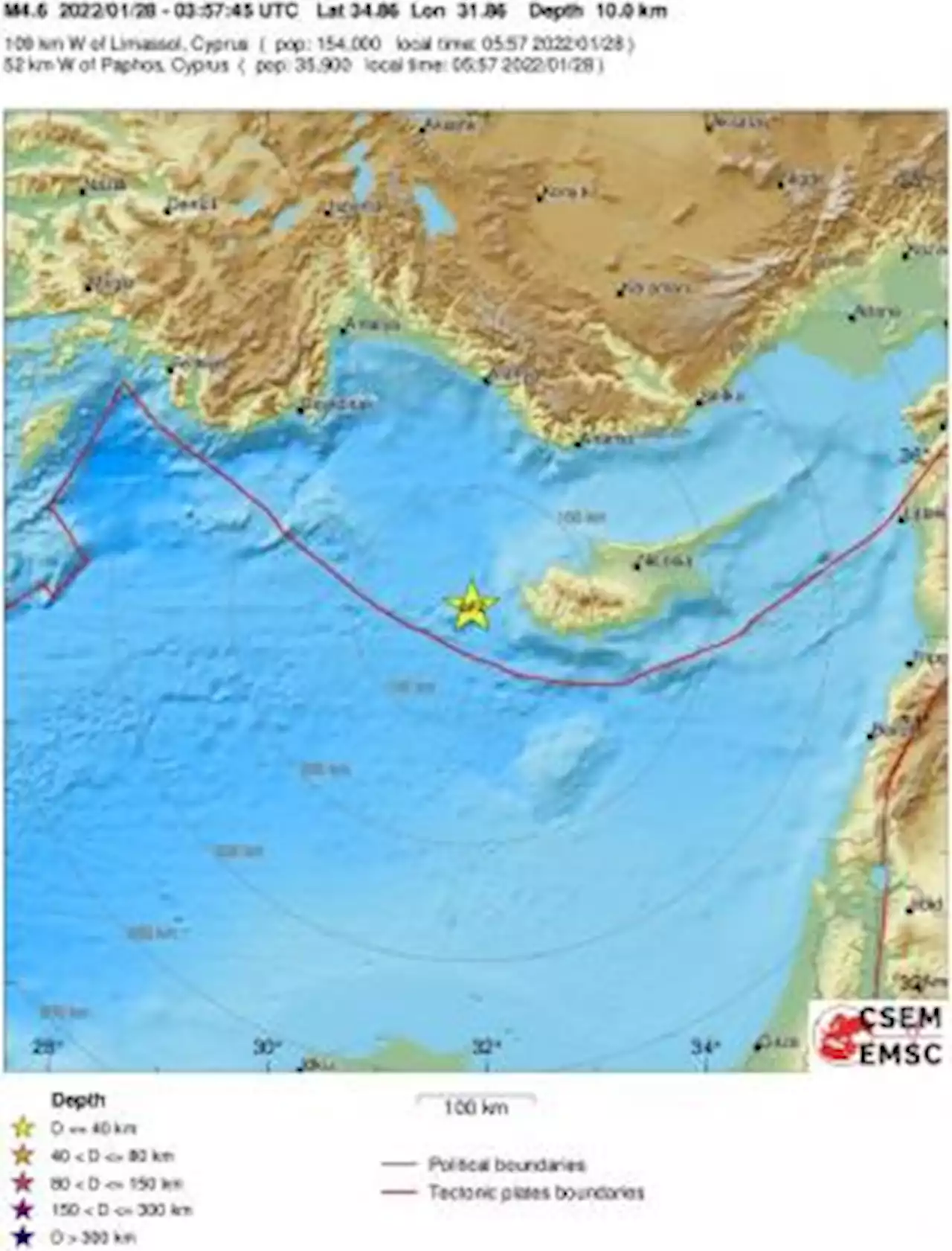 Earthquake, Magnitude 4.9 - CYPRUS REGION - 2022 January 28, 03:57:44 UTC