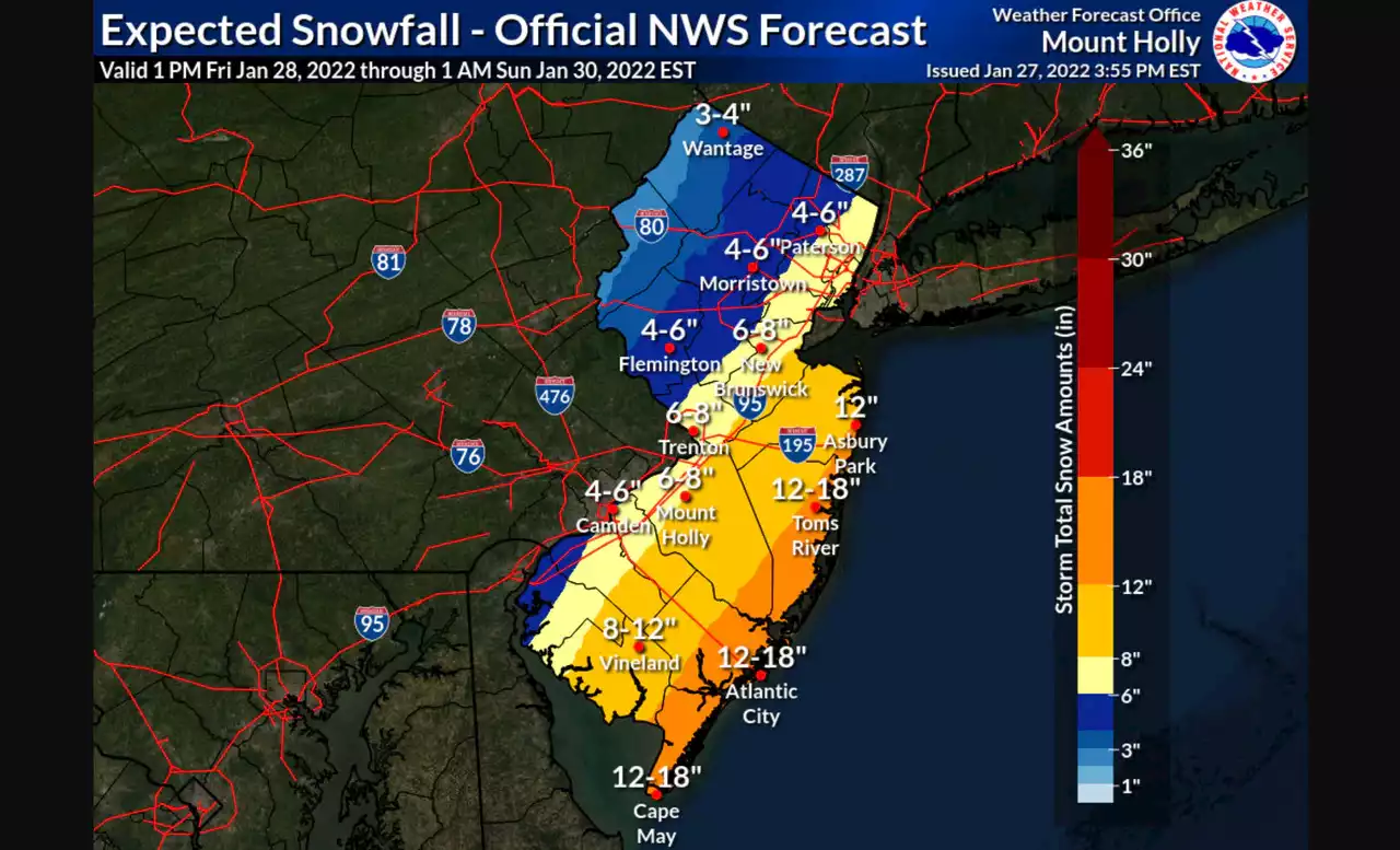 Up to 18 inches of snow for Jersey Shore. Snowfall totals increase as winter storm warnings issued.