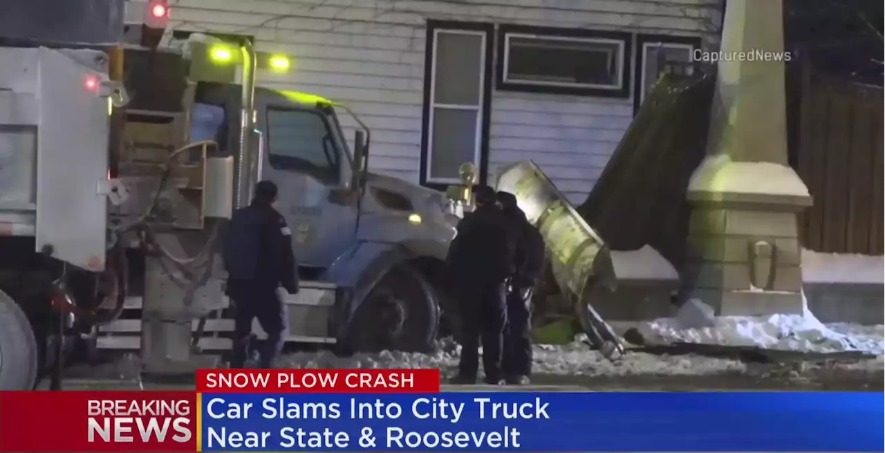 City Snow Plow Truck Crashes Into Vehicle In The Loop