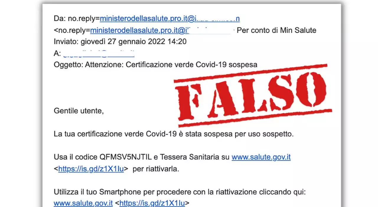 Green pass, attenzione alla mail truffa «Certificazione sospesa»: è un tentativo di phishing