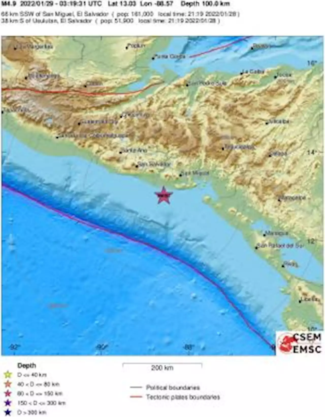 Earthquake, Magnitude 4.9 - OFFSHORE EL SALVADOR - 2022 January 29, 03:19:31 UTC