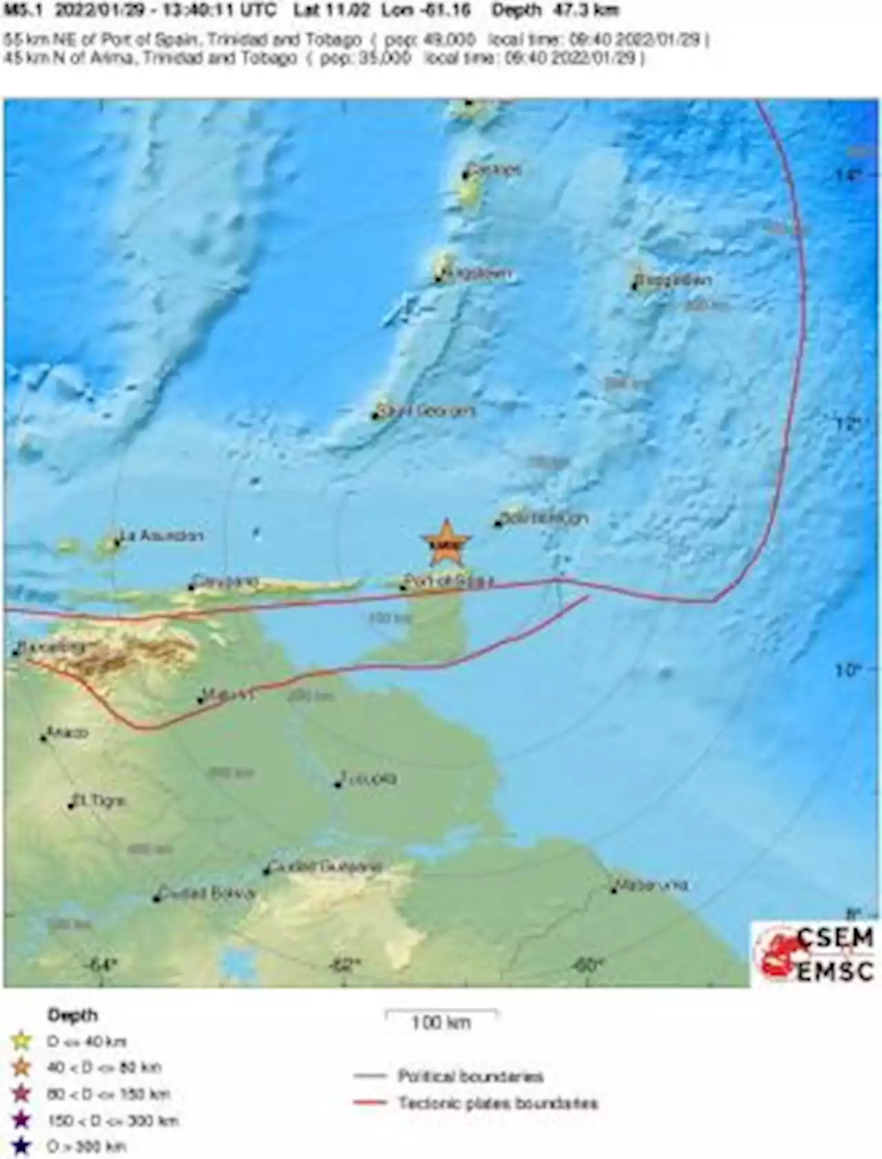 Earthquake, Magnitude 5.1 - TRINIDAD REGION, TRINIDAD-TOBAGO - 2022 January 29, 13:40:11 UTC