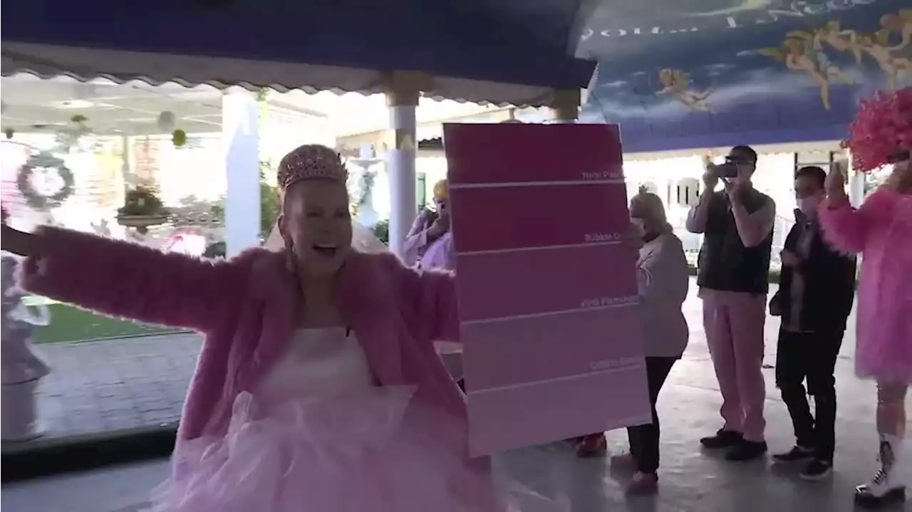 Woman marries the color pink in historic Vegas wedding