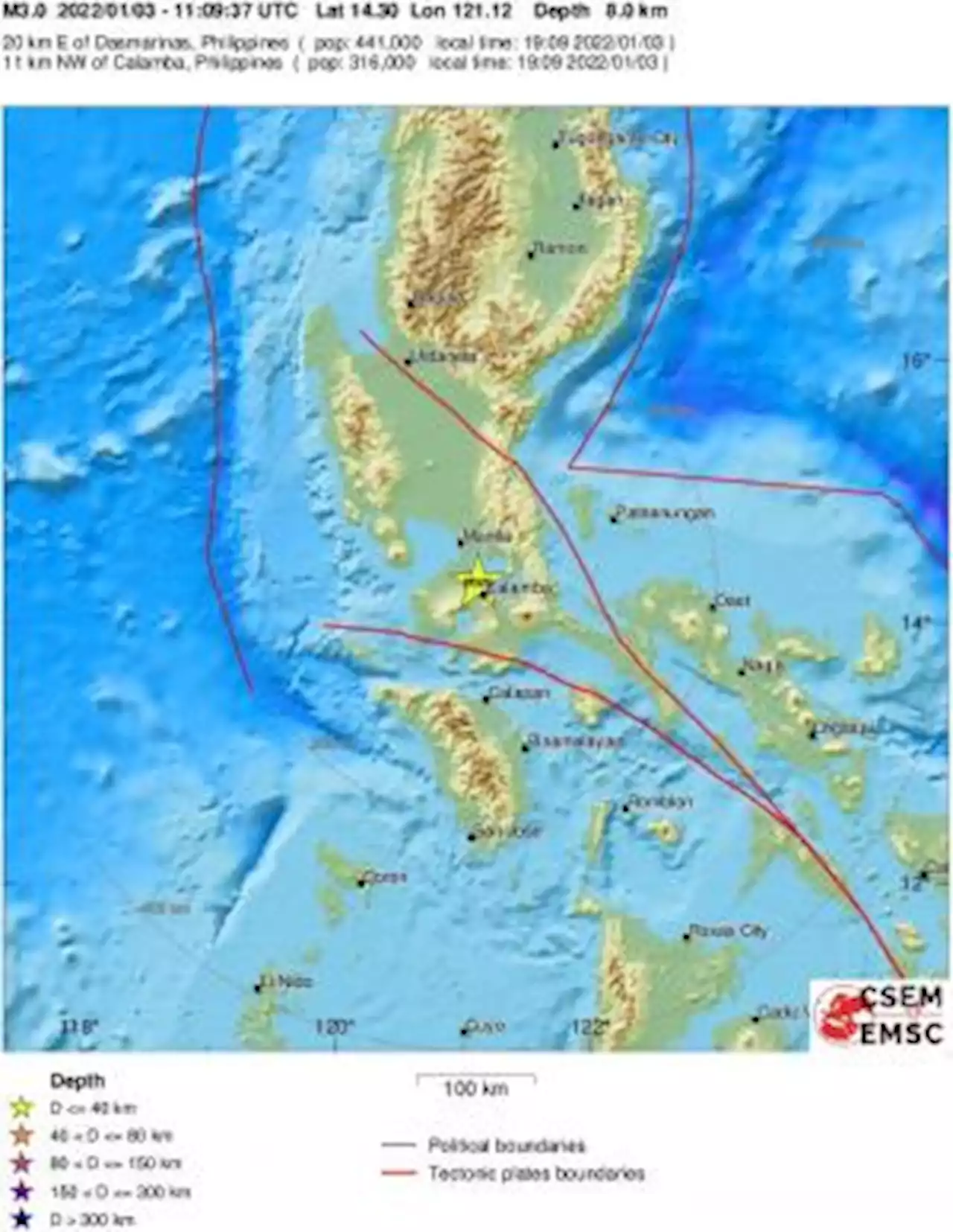 Earthquake, Magnitude 3.0 - LUZON, PHILIPPINES - 2022 January 03, 11:09:37 UTC