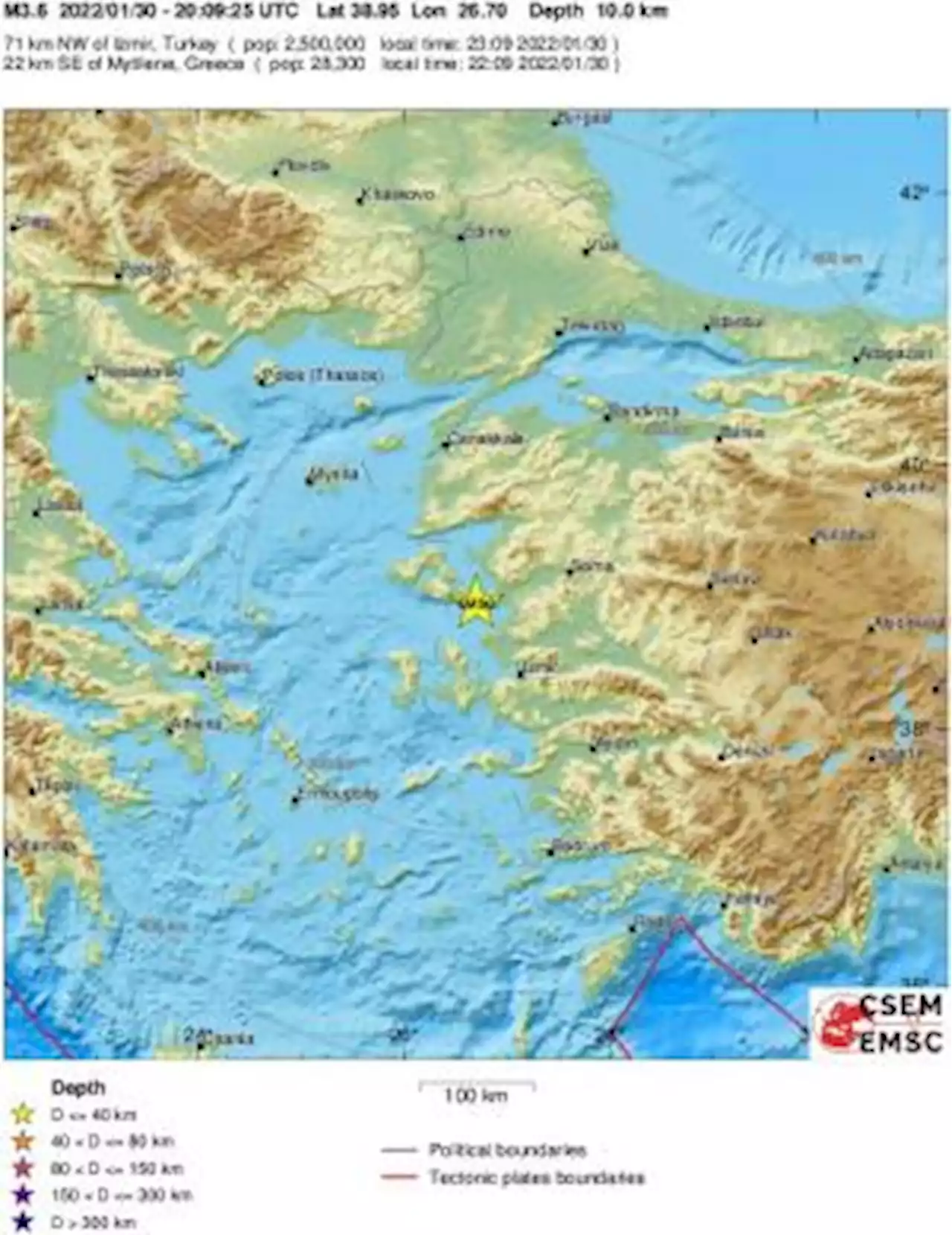 Earthquake, Magnitude 3.6 - NEAR THE COAST OF WESTERN TURKEY - 2022 January 30, 20:09:25 UTC