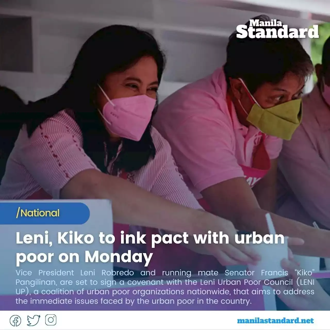 Leni, Kiko to ink pact with urban poor on Monday