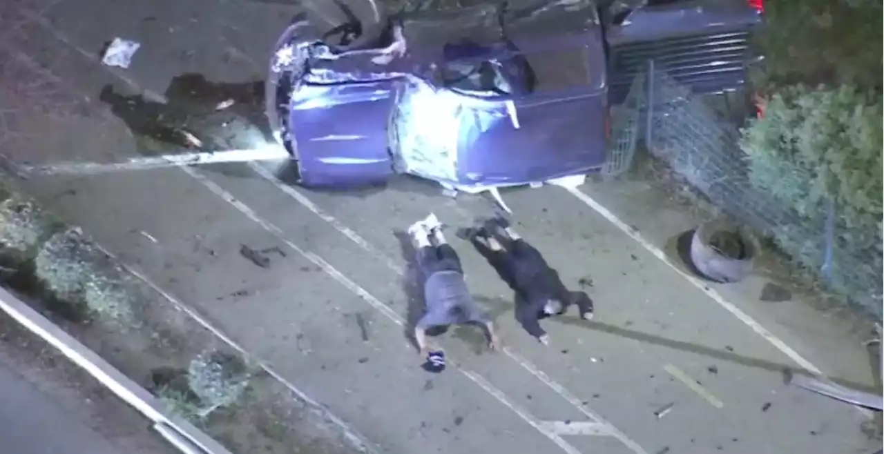 LAPD Pursuit Of Robbery Suspects Ends In Overturned Vehicle