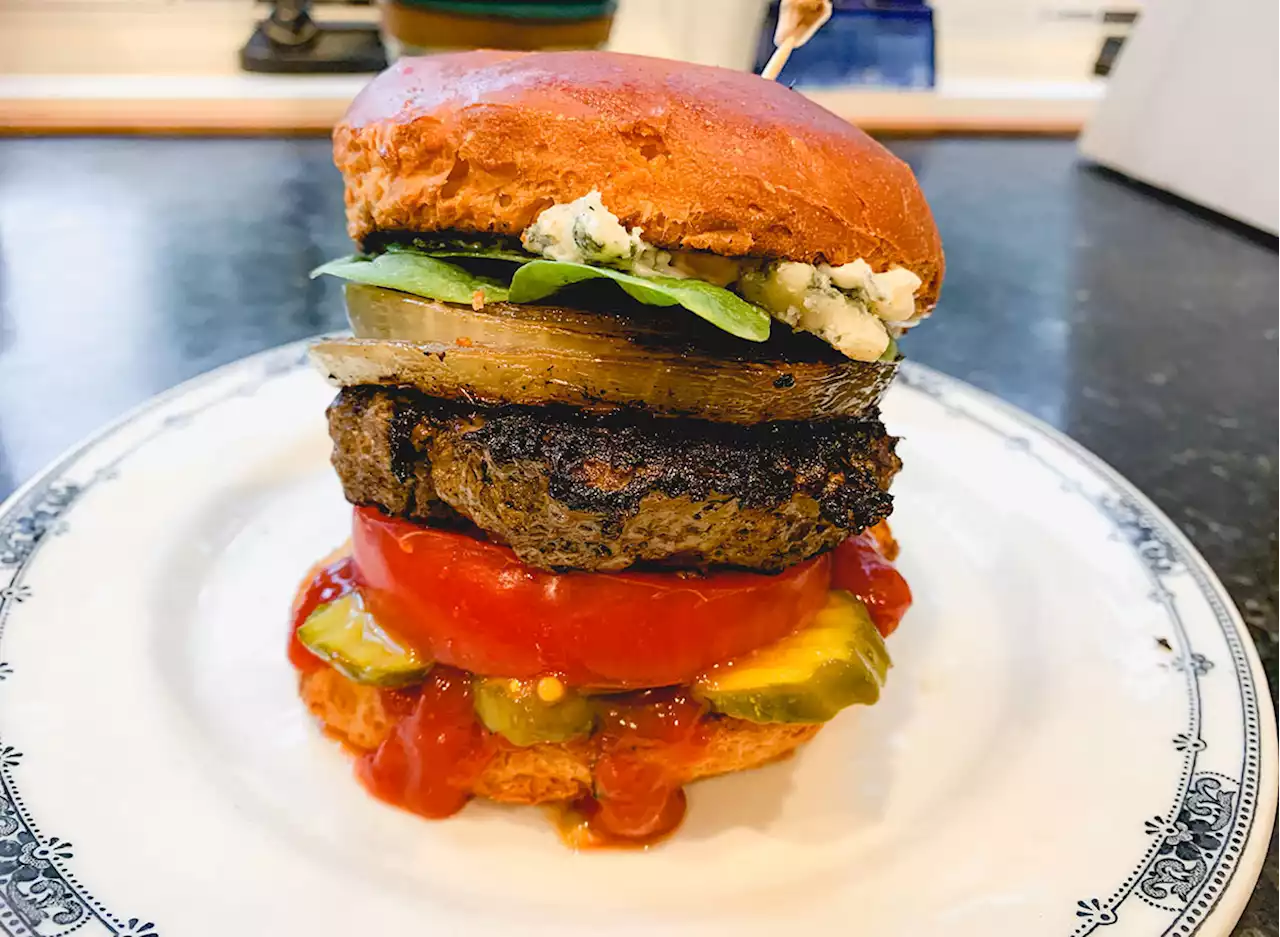 Beef & Shroom Burger with Grilled Vidalias & Buffalo Blue Cheese Recipe — Eat This Not That