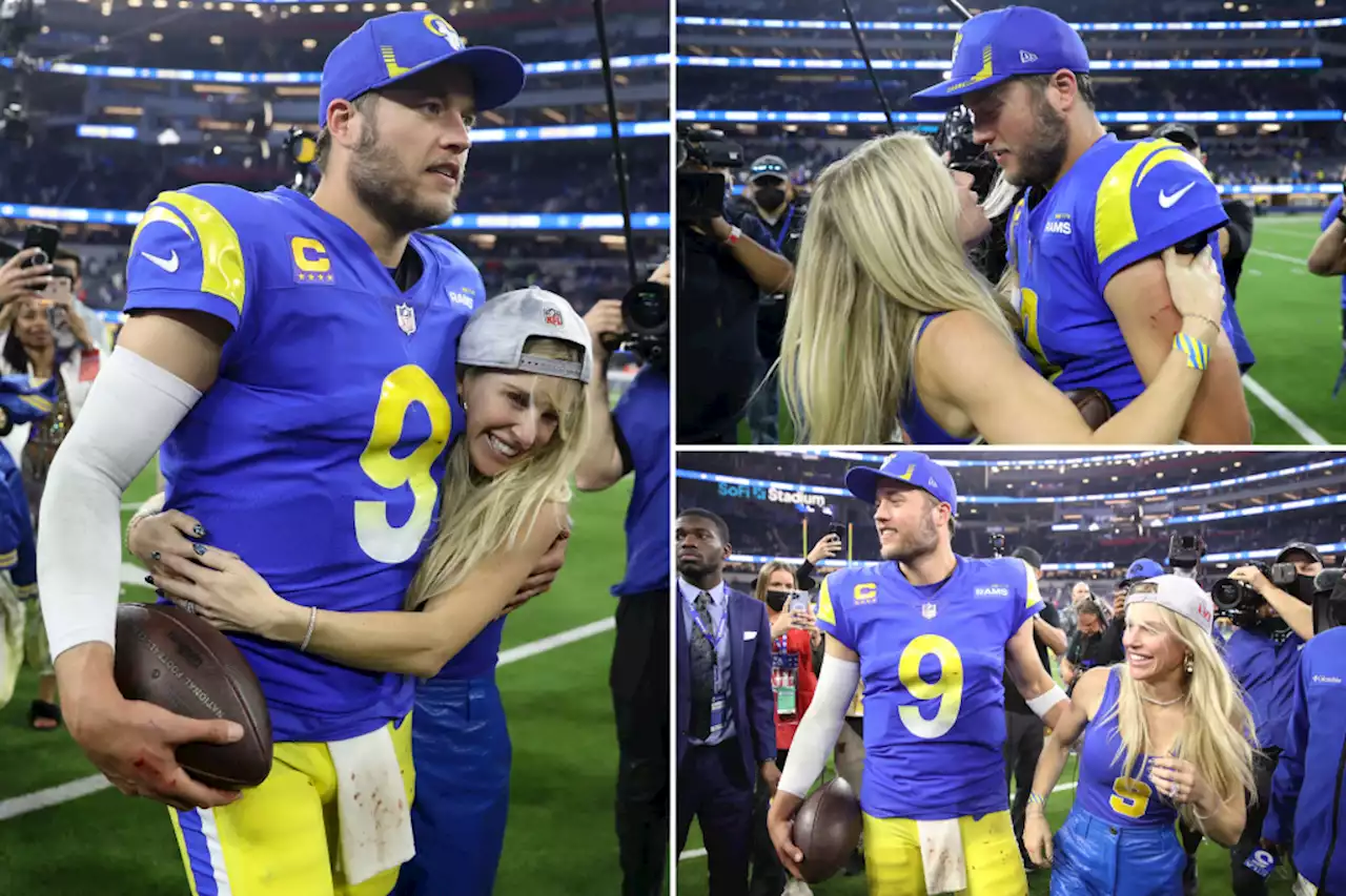 Matthew Stafford embraces wife Kelly on field after Rams clinch Super Bowl berth