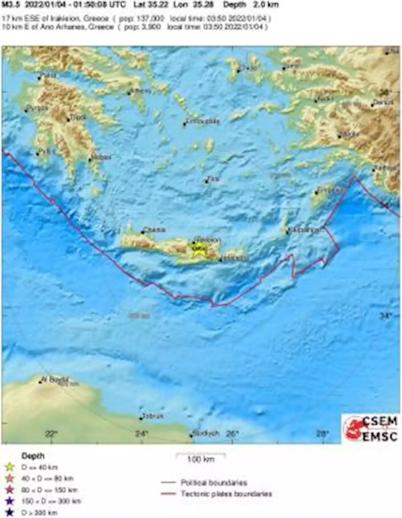 Earthquake, Magnitude 3.5 - CRETE, GREECE - 2022 January 04, 01:50:08 UTC