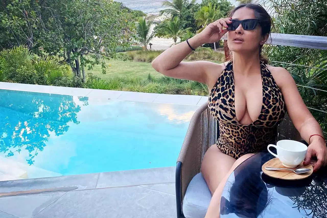 Salma Hayek takes the plunge in $890 leopard bathing suit