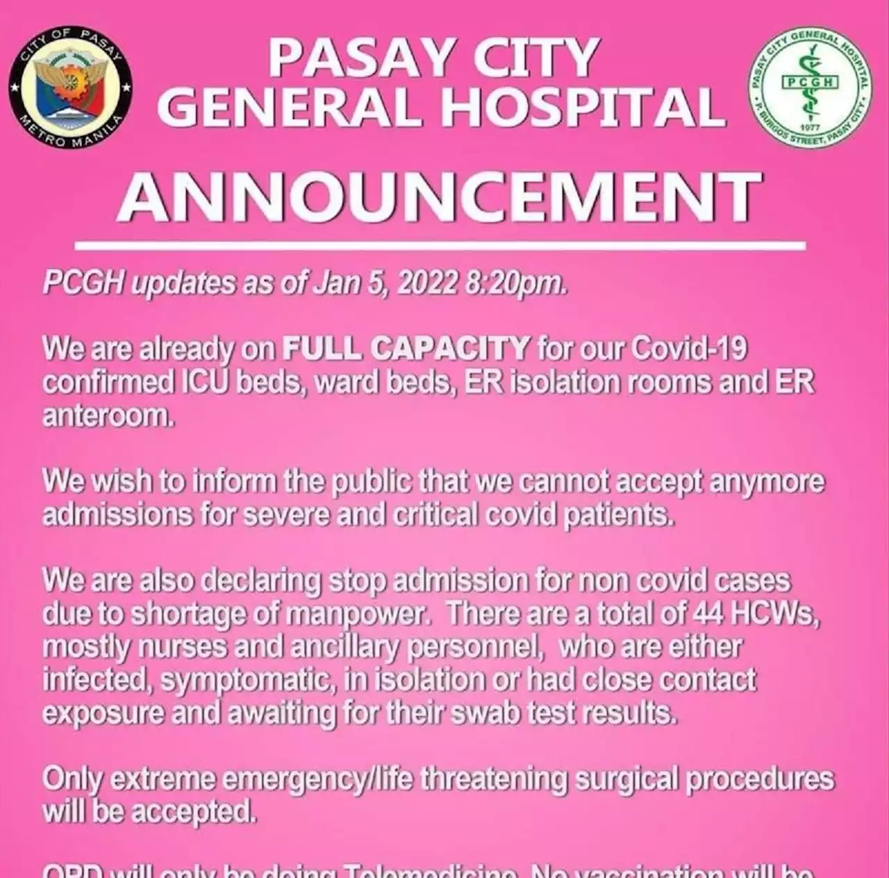 Pasay City General Hospital reaches full capacity due to rise in COVID-19 cases