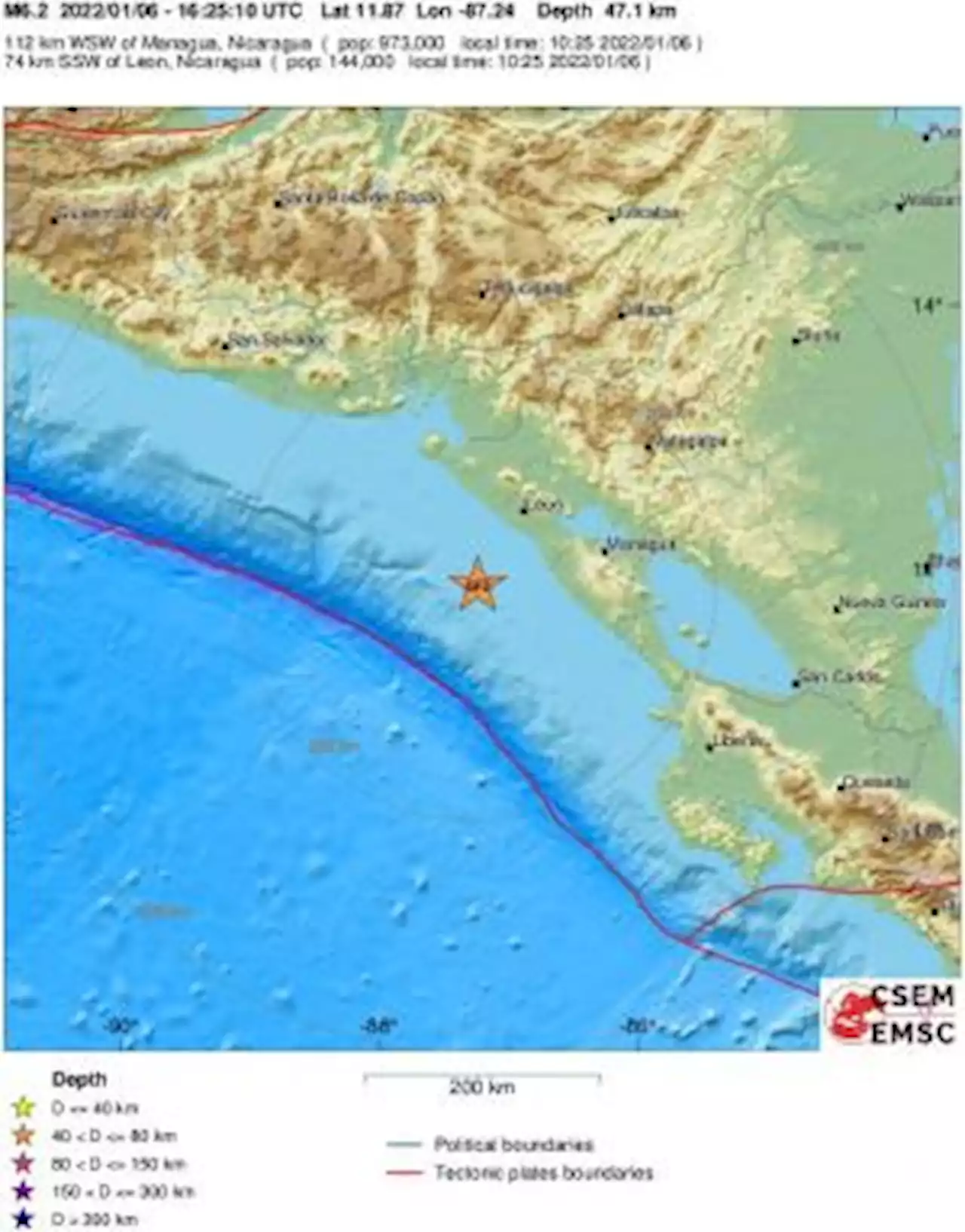 Earthquake, Magnitude 6.2 - NEAR COAST OF NICARAGUA - 2022 January 06, 16:25:08 UTC