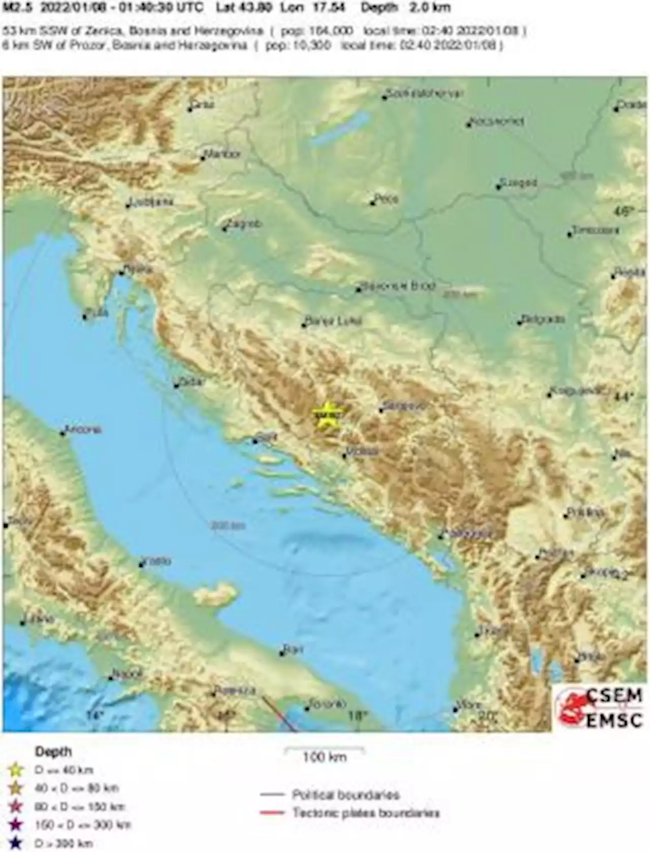 Earthquake, Magnitude 2.5 - BOSNIA AND HERZEGOVINA - 2022 January 08, 01:40:30 UTC