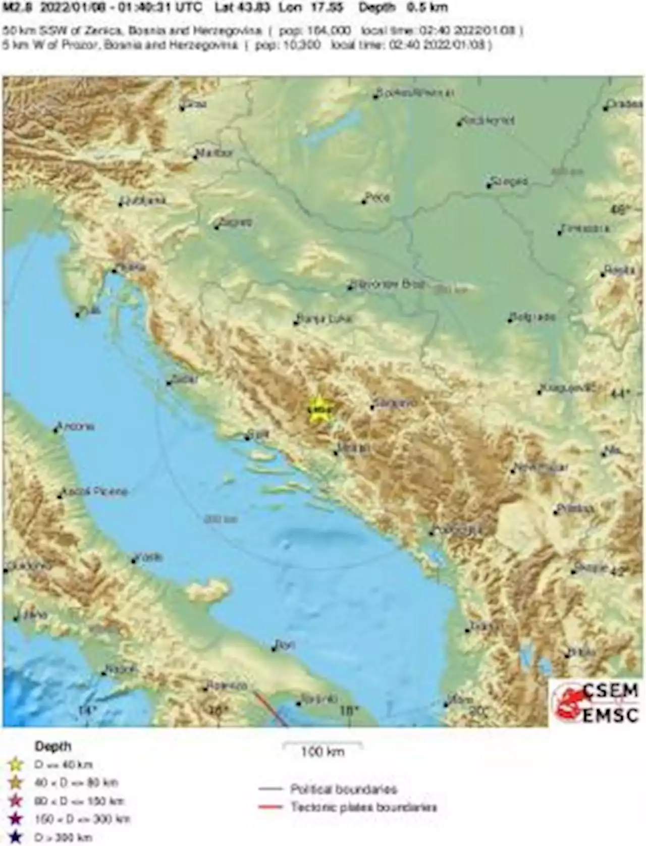 Earthquake, Magnitude 2.8 - BOSNIA AND HERZEGOVINA - 2022 January 08, 01:40:31 UTC