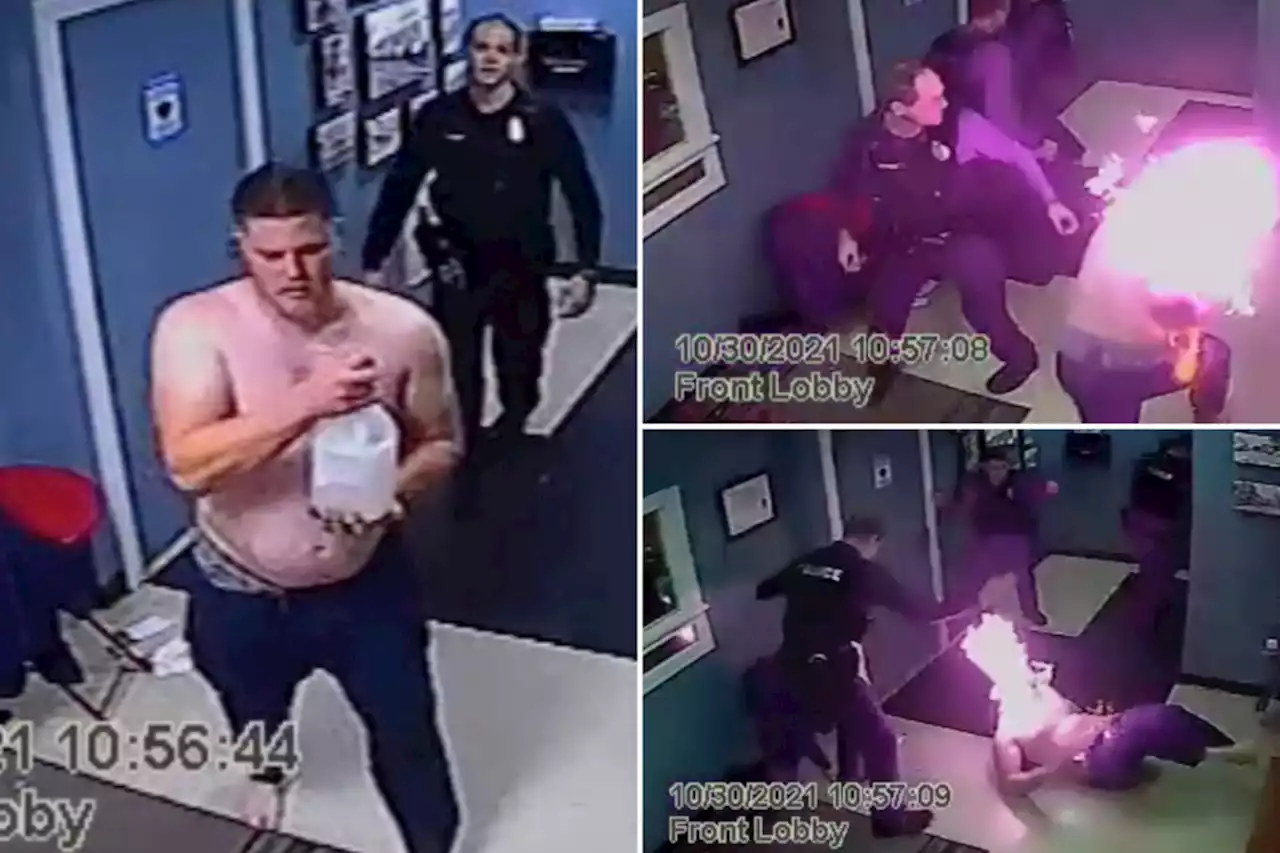 Disturbing video shows man doused in sanitizer burst into flames after being tased by cops