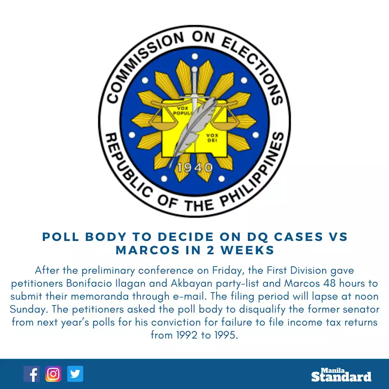 Poll body to decide on DQ cases vs Marcos in 2 weeks