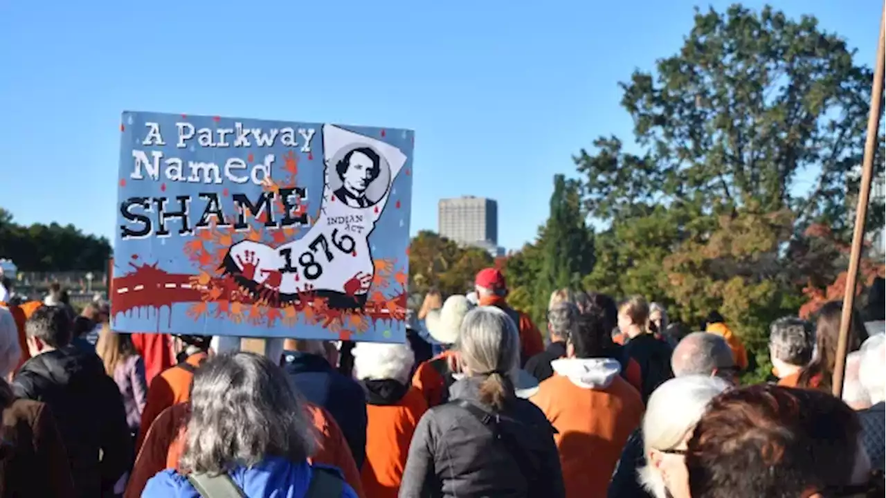 Hundreds march in protest of Sir John A. Macdonald Parkway name | CBC News