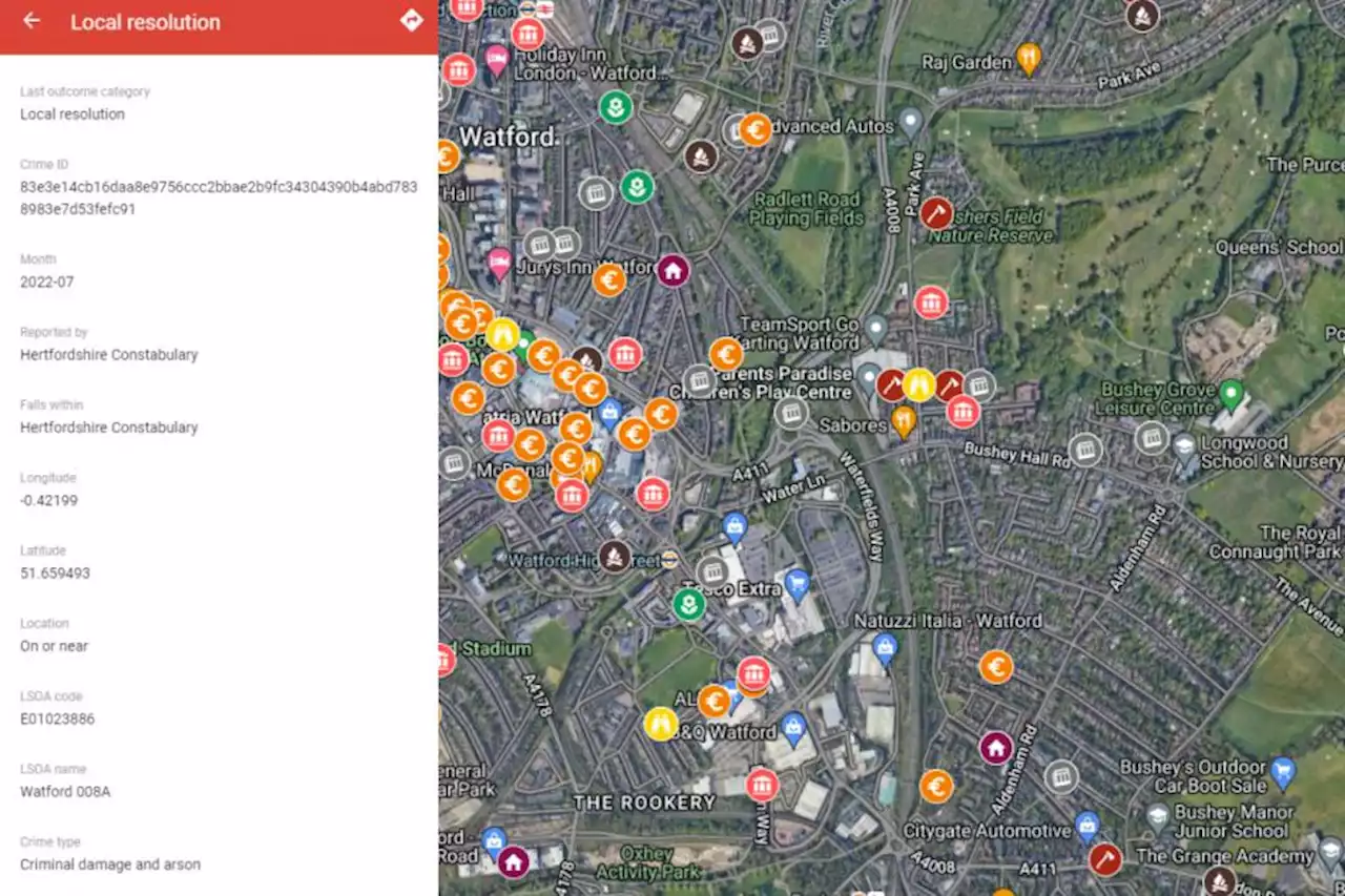 Map shows where all crimes in Hertfordshire over one month took place