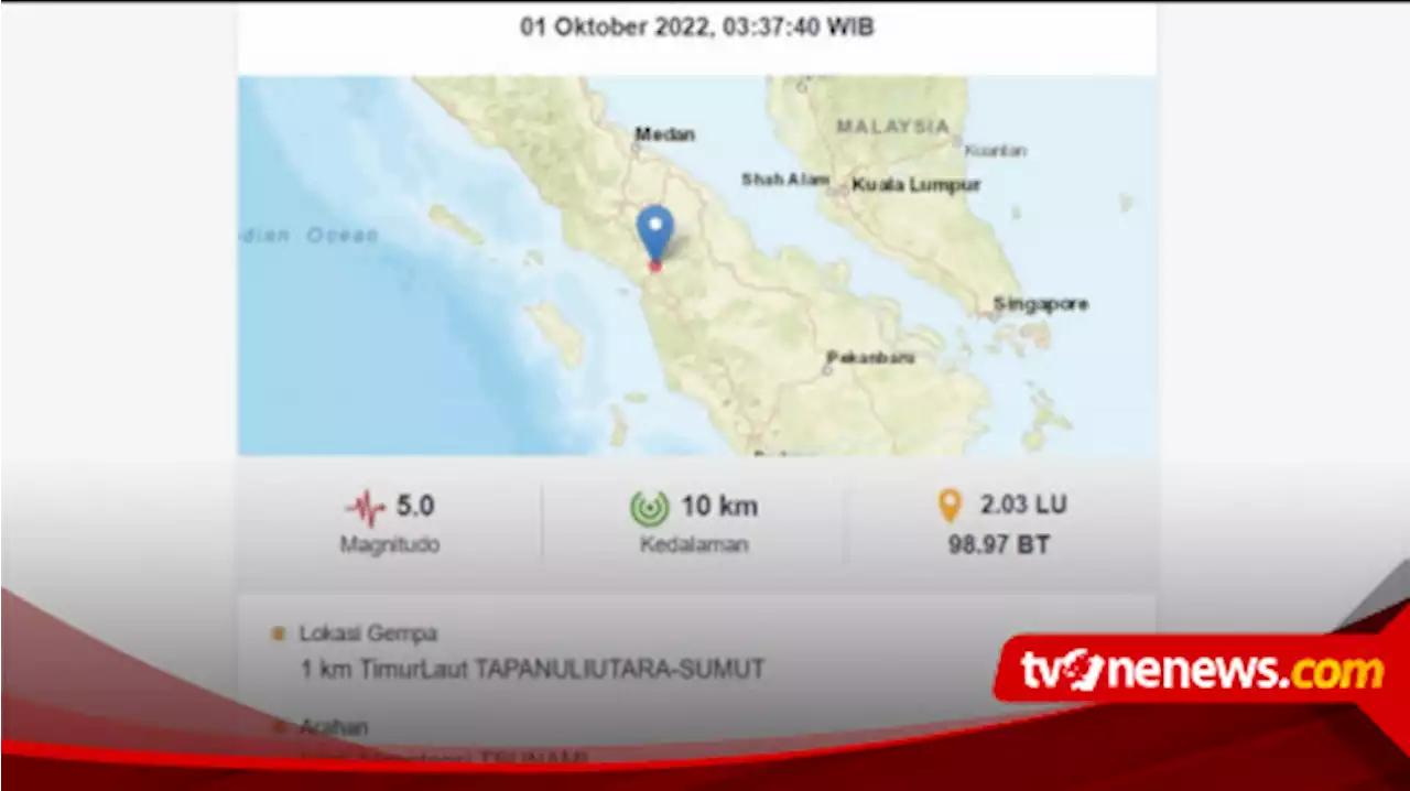 Telah Terjadi Lebih dari 30 Kali Gempa Susulan Pascagempa Magnitudo 5.8 di Tapanuli Utara