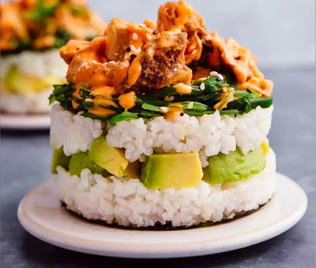 Vegan sushi recipe: Dynamite Sushi Tower with king oyster mushrooms