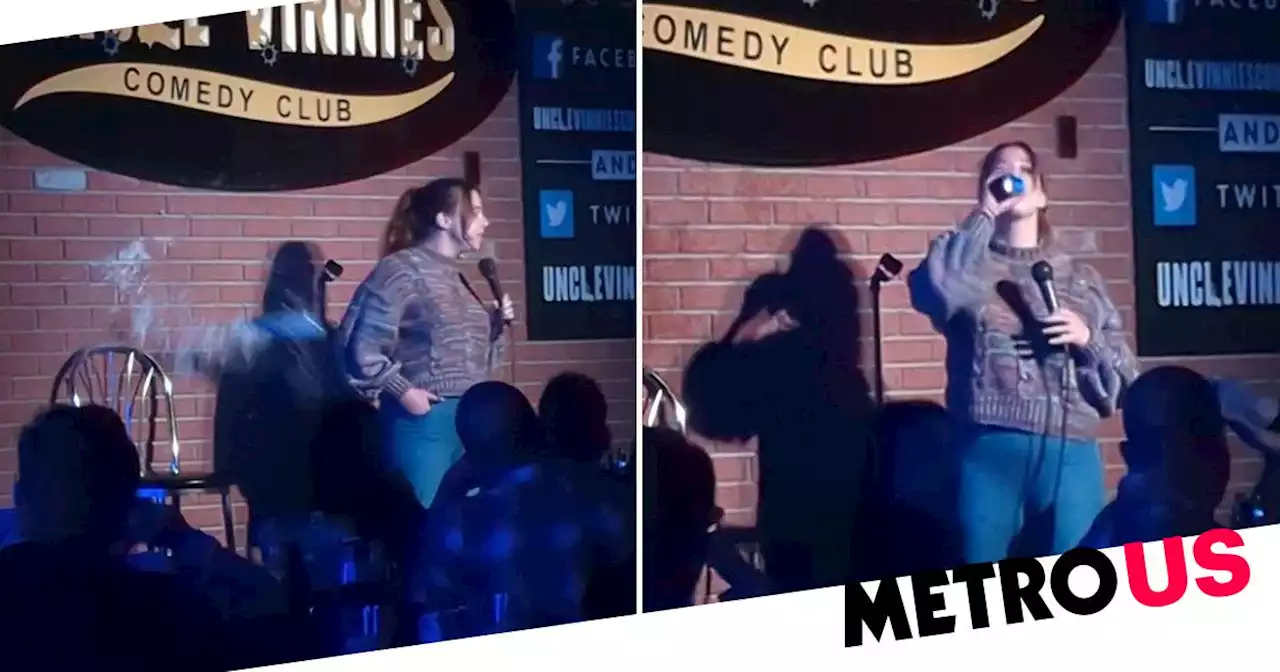 Moment Donald Trump supporter hurls beer can at comedian and she chugs it