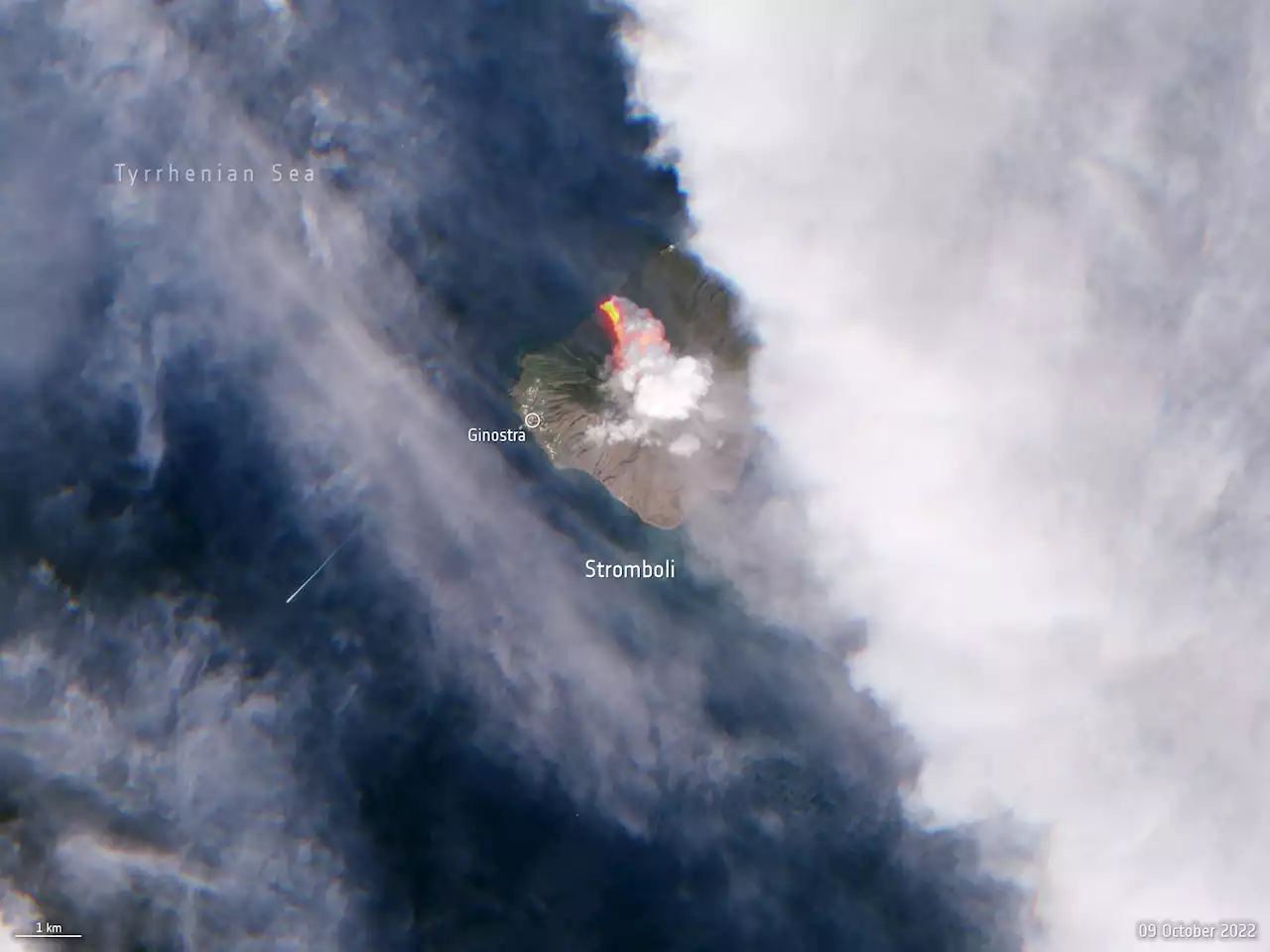 Satellite View of Stromboli's New Eruption in Italy. You Can See a River of Lava Flowing to the Ocean