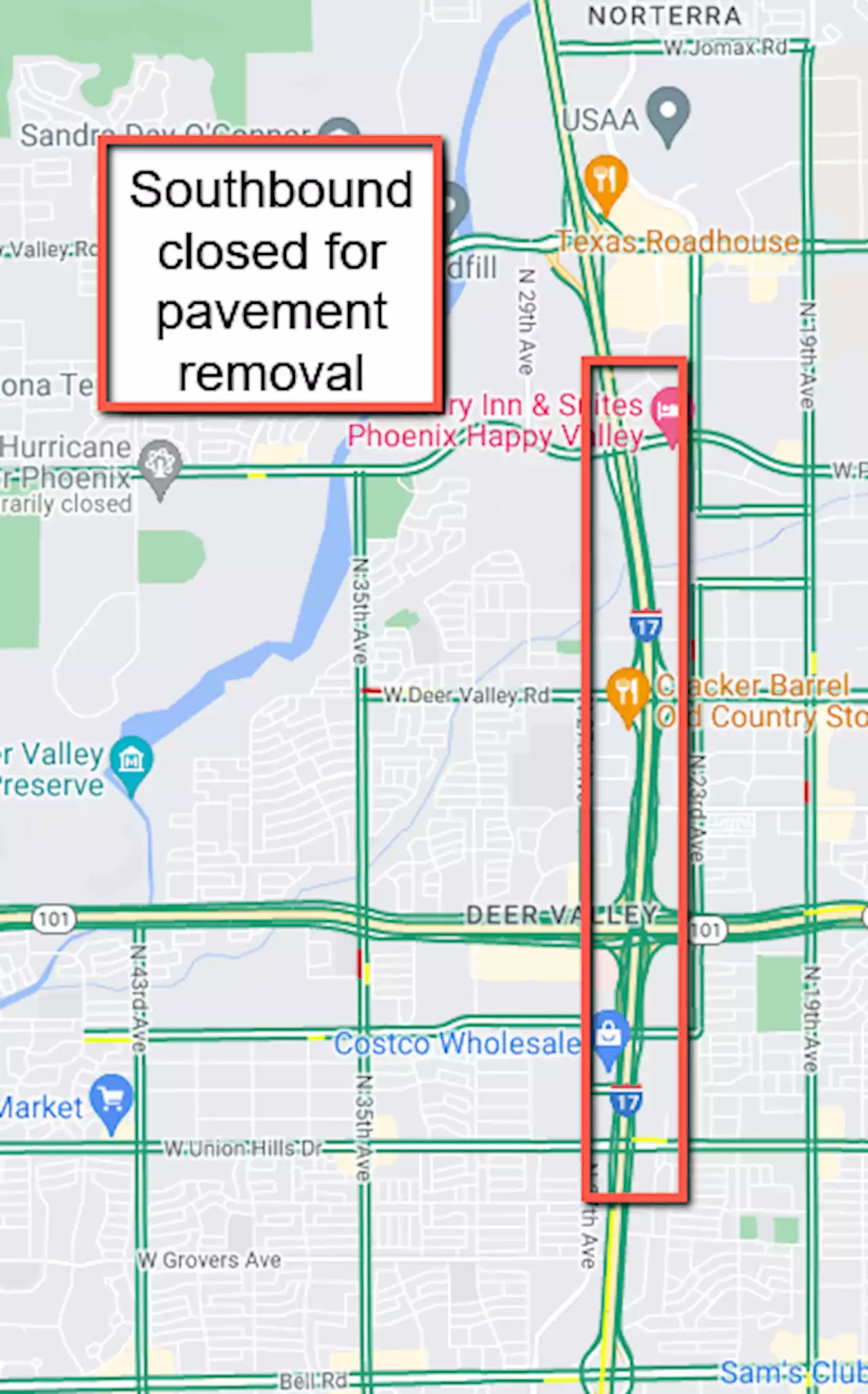 UPDATE: Southbound I-17 between Pinnacle Peak Road and Union Hills Drive scheduled to be closed Oct. 14 - 17