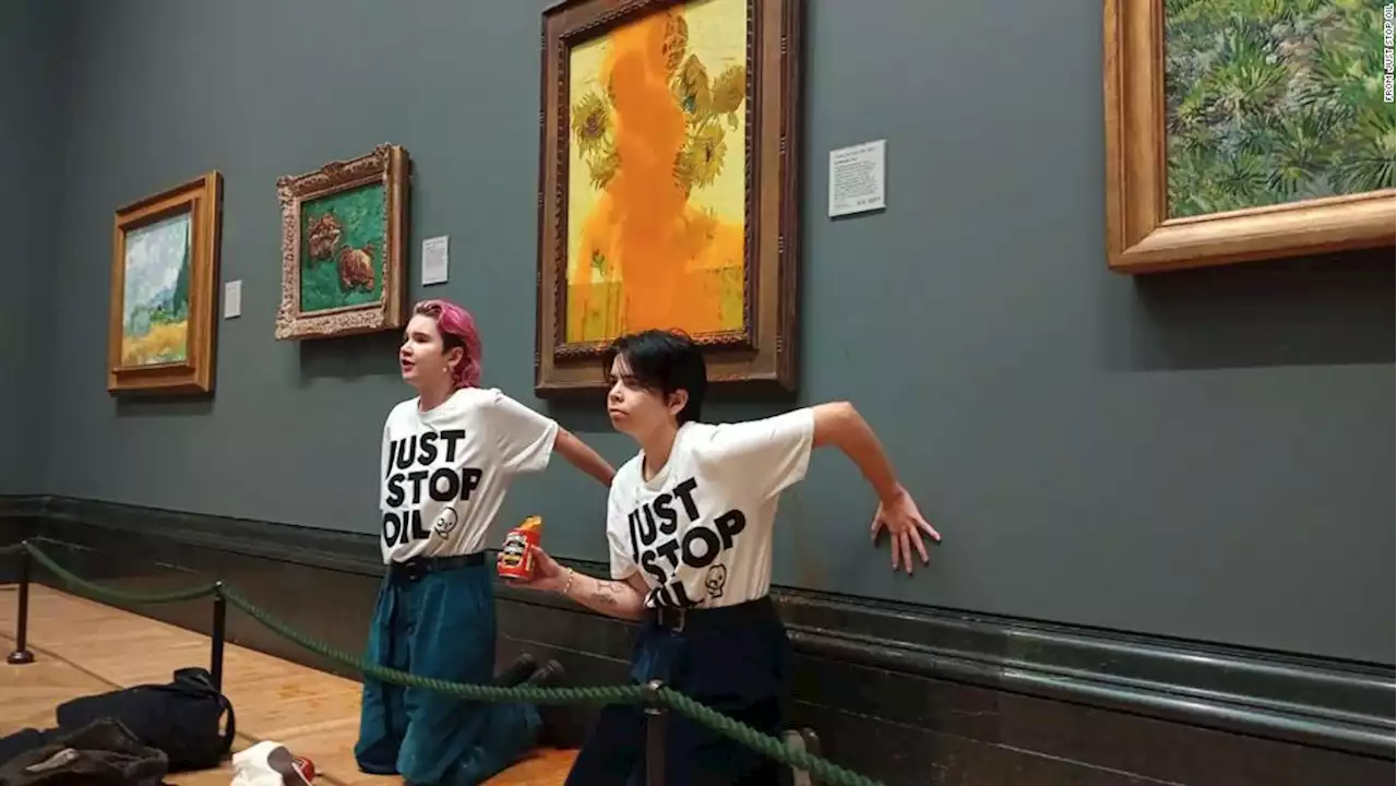 Fossil fuel protesters throw tomato soup on Van Gogh's 'Sunflowers' in London gallery