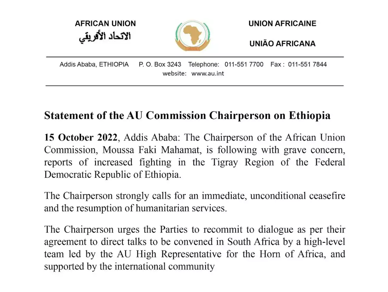 Statement of the AU Commission Chairperson on Ethiopia | African Union